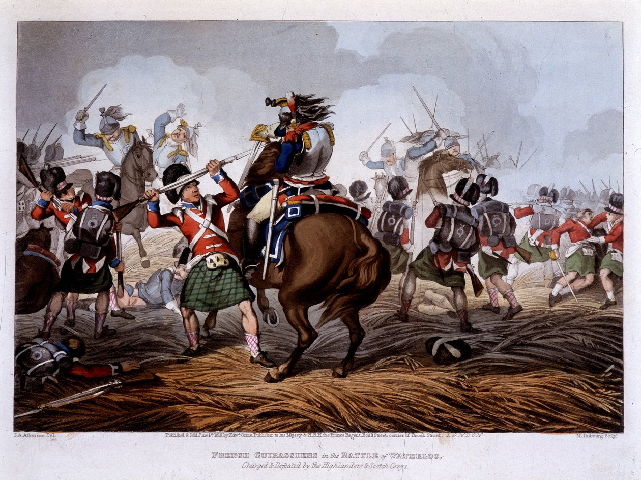 Französische Kürassiere bei Waterloo - in „Historische, militärische und marine Anekdoten und Vorfälle, die den Waffen Großbritanniens und ihrer Verbündeten widerfahren sind, endend in Waterloo“ - von Edward Orme, ill. von Fry, London von Unknown artist