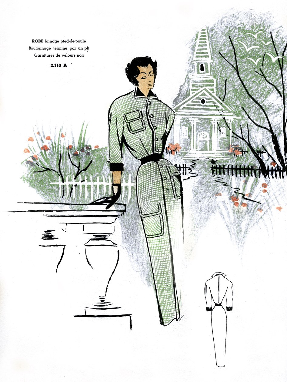 Französische Mode, Hahnentritt-Wollkleid-Design von Unknown artist