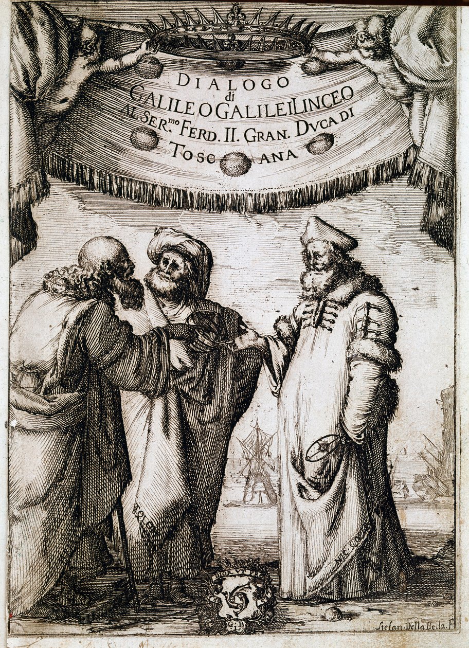 Frontispiz von „Dialog über die zwei großen Weltsysteme“ (dialogo sopra i due massimi sistemi del mondo) im Auftrag von Papst Urban VIII. an den Astronomen und Physiker Galileo Galilei (1564-1642) um 1620 und veröffentlicht 1632 von Unknown artist