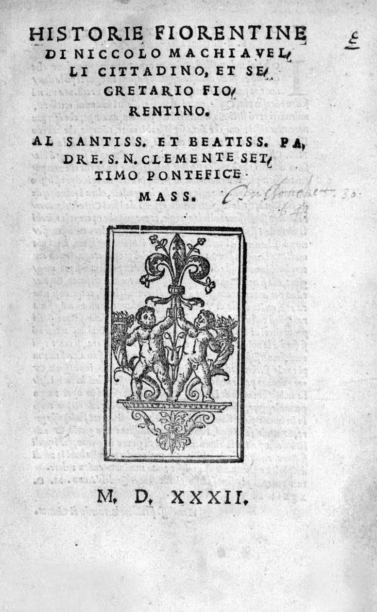 Frontispiz von „Historie Fiorentine di Niccolo (di Bernardo dei) Machiavelli (Nicolas Machiavelli) von Unknown artist