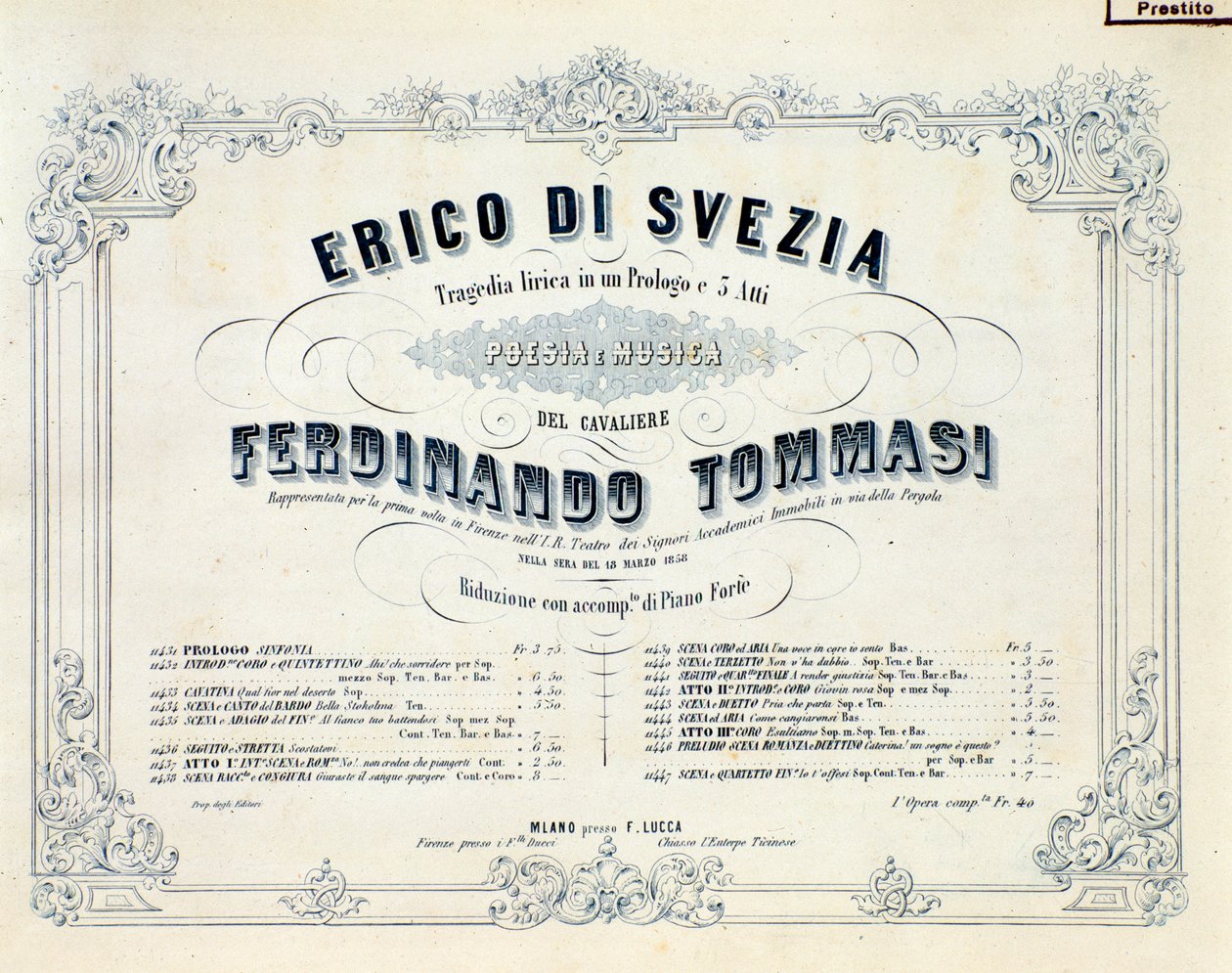 Frontispiz von Enrico di Svezia, Oper von Ferdinando Tommasi von Unknown artist