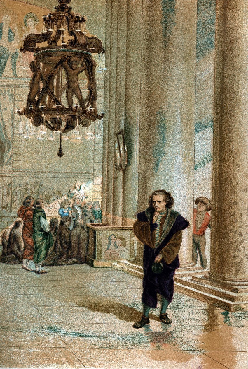 Galileo Galilei (1564-1642) beobachtet die Schwingung der Lampe der Kathedrale von Pisa. Aus „La Ciencia y sus Hombres“ von Louis Figuier, Barcelona 1881 von Unknown artist