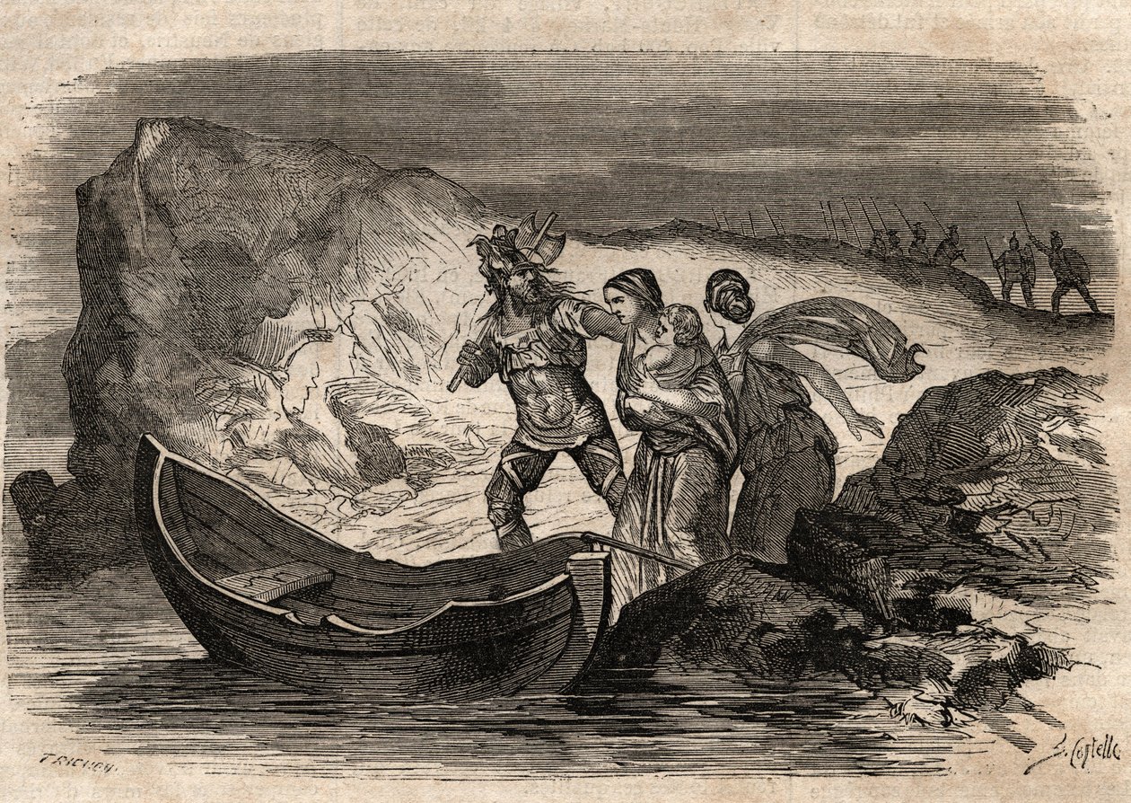 Gallische Kriege, 58-51 v. Chr. Römischer Sieg über die germanischen Stämme unter Ariovistus - Ariovistus gezwungen, den Rhein zu überqueren - Gravur in „Dictionnaire populaire illustré“ - 1864 - von Joseph Decembre und Edmond Allonier von Unknown artist