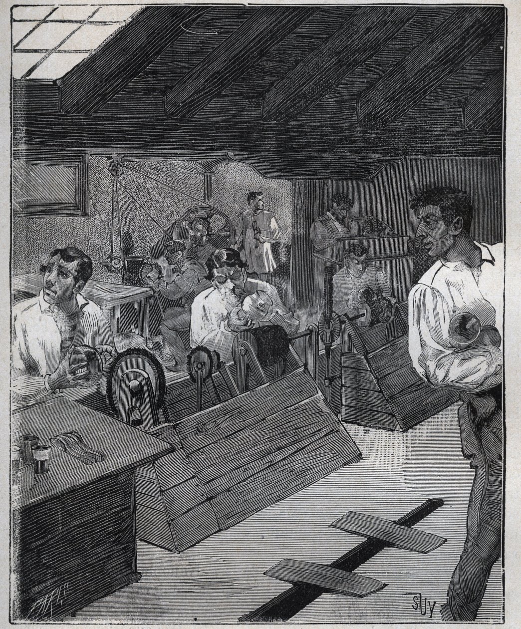 Galvanische Vergoldung: Schaber-Boissage von Goldschmuck mit einem Schaber-Boisse. Gravur von 1885 in „Les arts et métiers illustrés“ von Adolphe Bitard. von Unknown artist