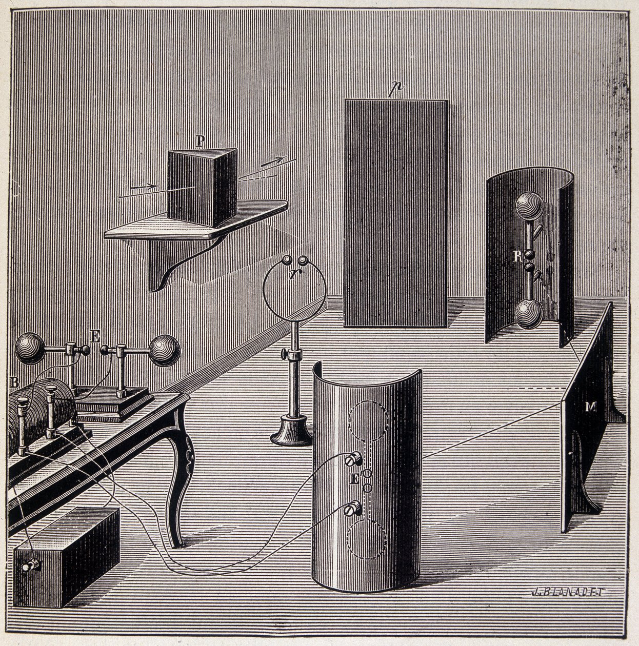 Allgemeines Layout der Experimente von Heinrich Hertz (1857-1894) über elektrische Wellen - in „Physique populaire“ von Emile Desbeaux, Flammarion von Unknown artist