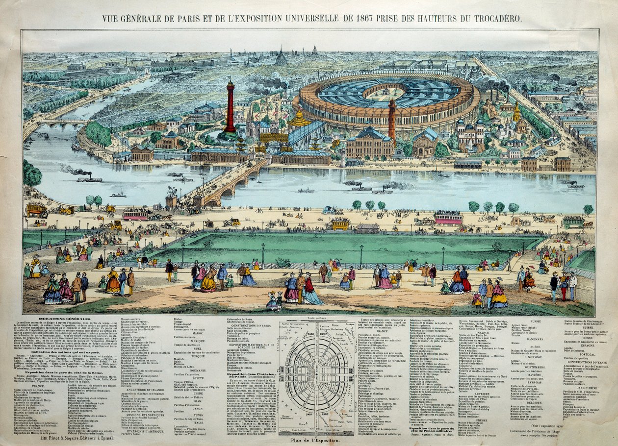Gesamtansicht der Weltausstellung 1867 in Paris. Im Hintergrund: der Park der Militärschule des Champ de Mars. Gravur Paris, Musée Carnavalet von Unknown artist