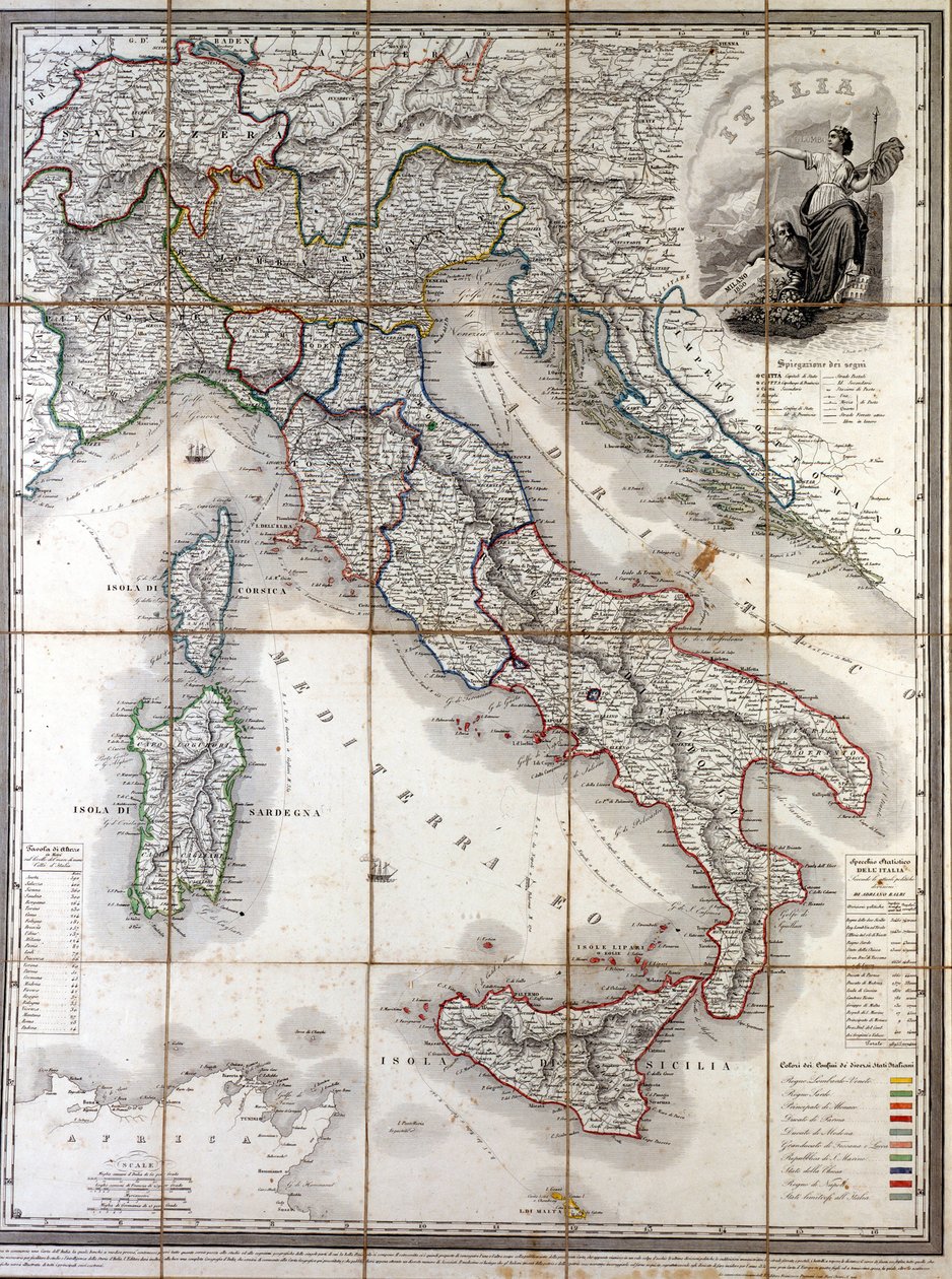 Geografische Karte Italiens von 1850 mit der Abgrenzung der Grenzen der verschiedenen Staaten, die das Land vor dem Risorgimento bildeten. von Unknown artist