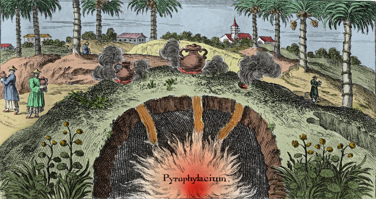 Geologie: Schnitt durch die Erdkruste, der den Austritt von Feuer aus der Erde erklärt. Gravur aus „Mundi Mirabilis Oeconomia“ von Johann Zahn (1631-1707) von Unknown artist