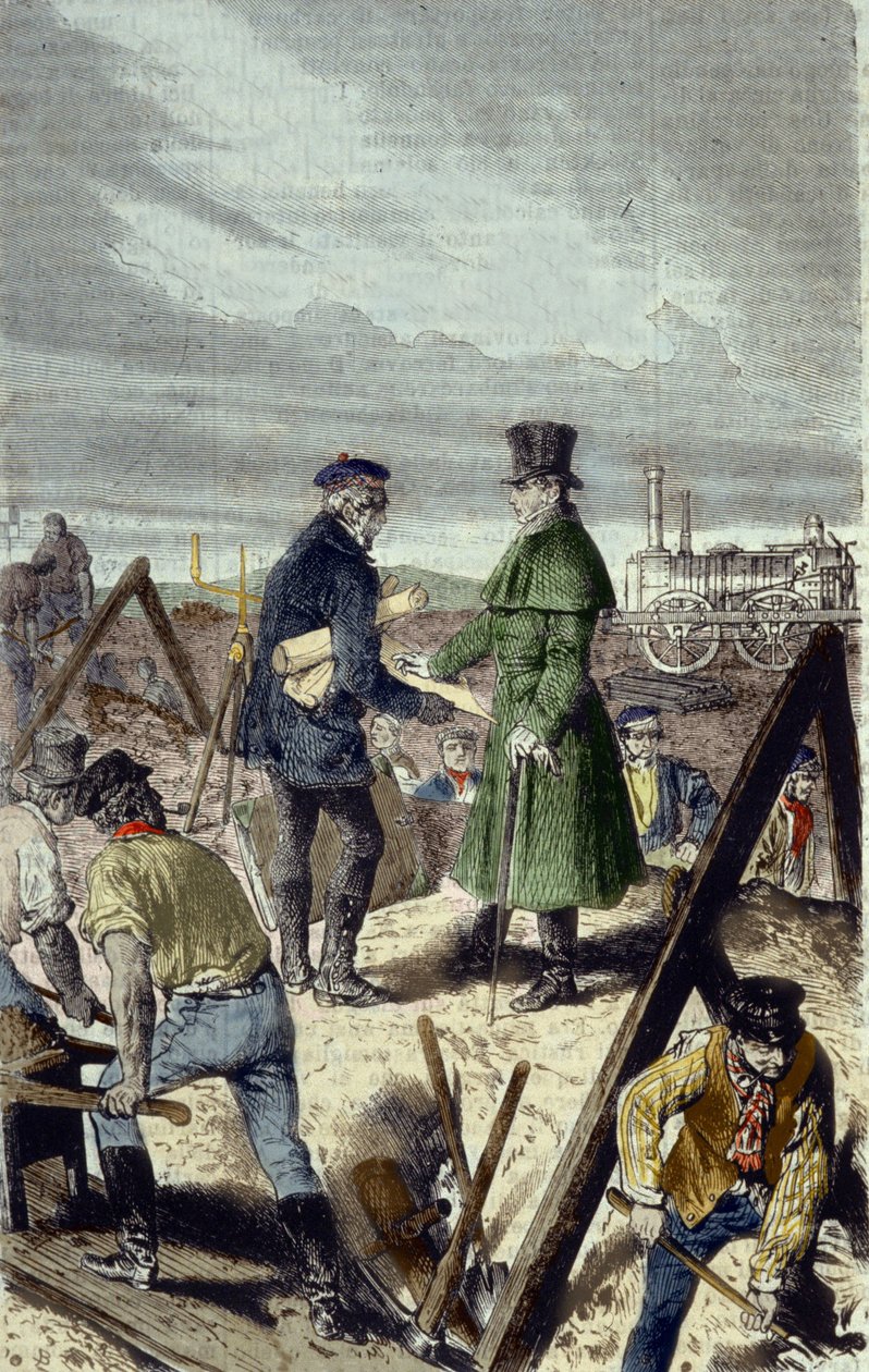 Georges Stephenson (1781-1848), englischer Ingenieur, Erbauer der Liverpool-Manchester-Straße mit seiner ersten Lokomotive von Unknown artist