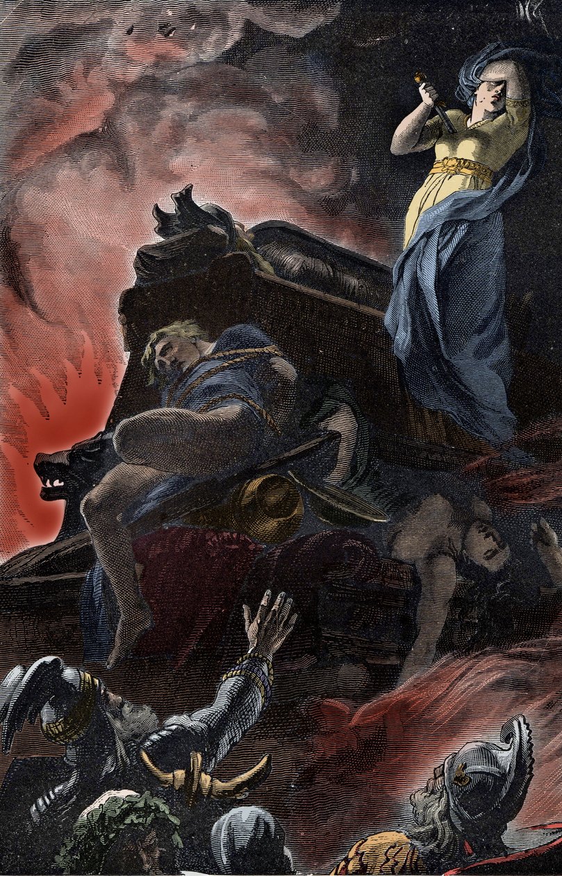 Deutsches Begräbnisopfer - Begräbnisritus, Eisenzeit, Deutschland: Opferung der Frau auf dem Begräbnisschlachtfeld ihres Mannes von Unknown artist