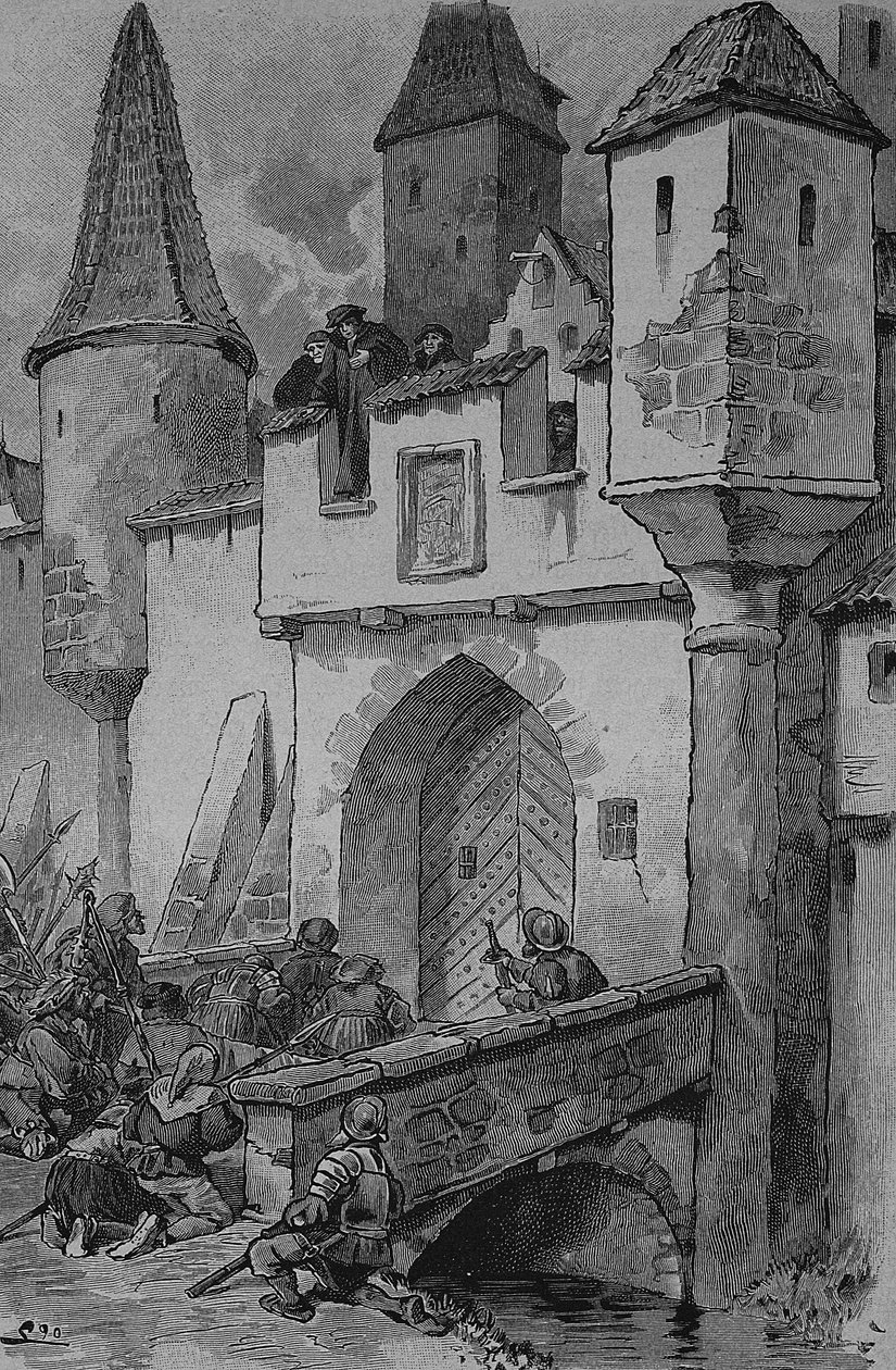 Deutscher Bauernkrieg (1524-1526): Eberlin beschäftigt Stadtleute an der Augstbrücke zu Erfurt, Johann Eberlin Gunzburg war ein deutscher Theologe und Sozialreformer, Reformation in Franken von Unknown artist