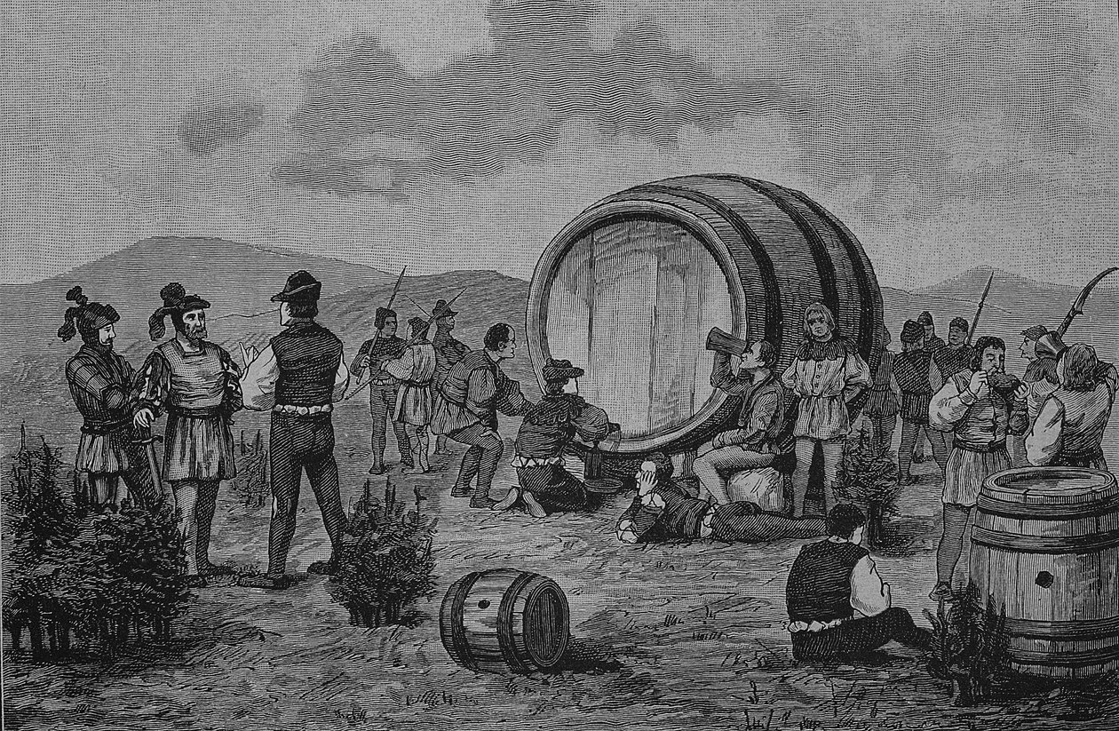 Deutscher Bauernkrieg (1524-1526): Bauernlager auf den Wacholdern mit einem großen Weinfass von Unknown artist