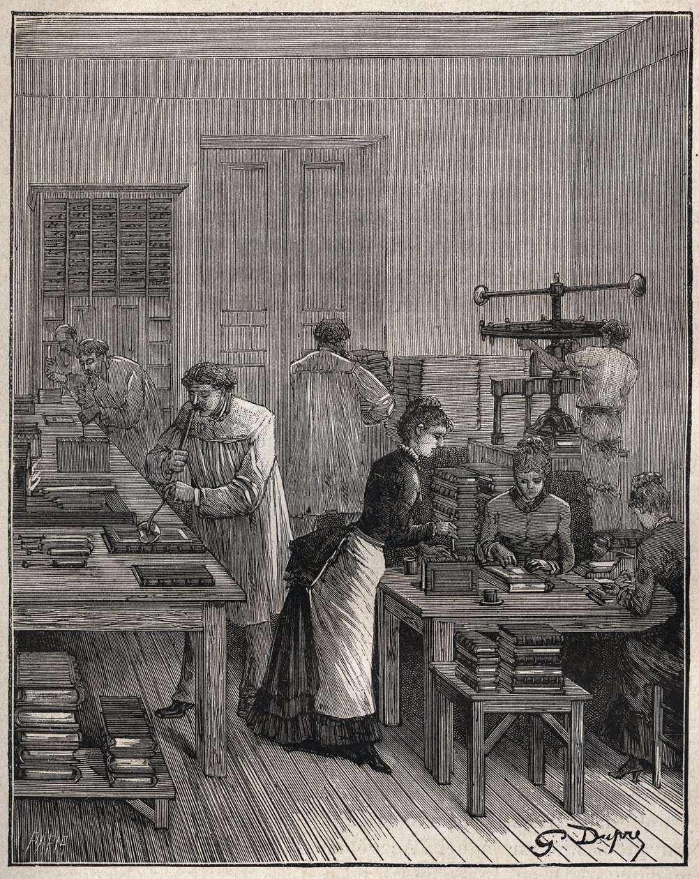 Vergoldung von Büchern (Einbänden) in Eisen in einer Werkstatt in Frankreich im 19. Jahrhundert. Gravur von 1885 in „Les arts et metiers illustres“ von Adolphe BITARD von Unknown artist