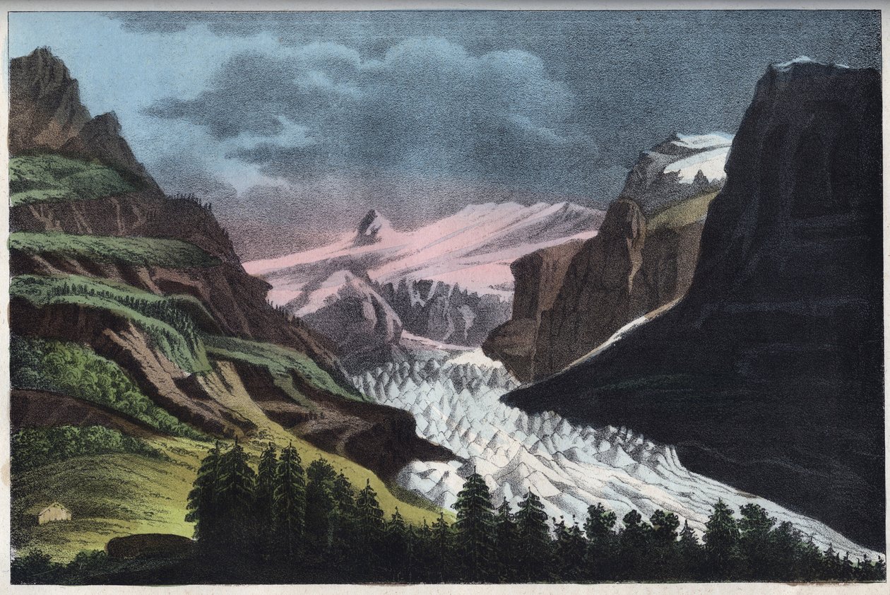 Gletscher von Grindelwald in der Schweiz - Schweiz, Grindelwald-Gletscher im 19. Jahrhundert - Gravur aus „Usi e Costumi di Tutti i Popoli dell