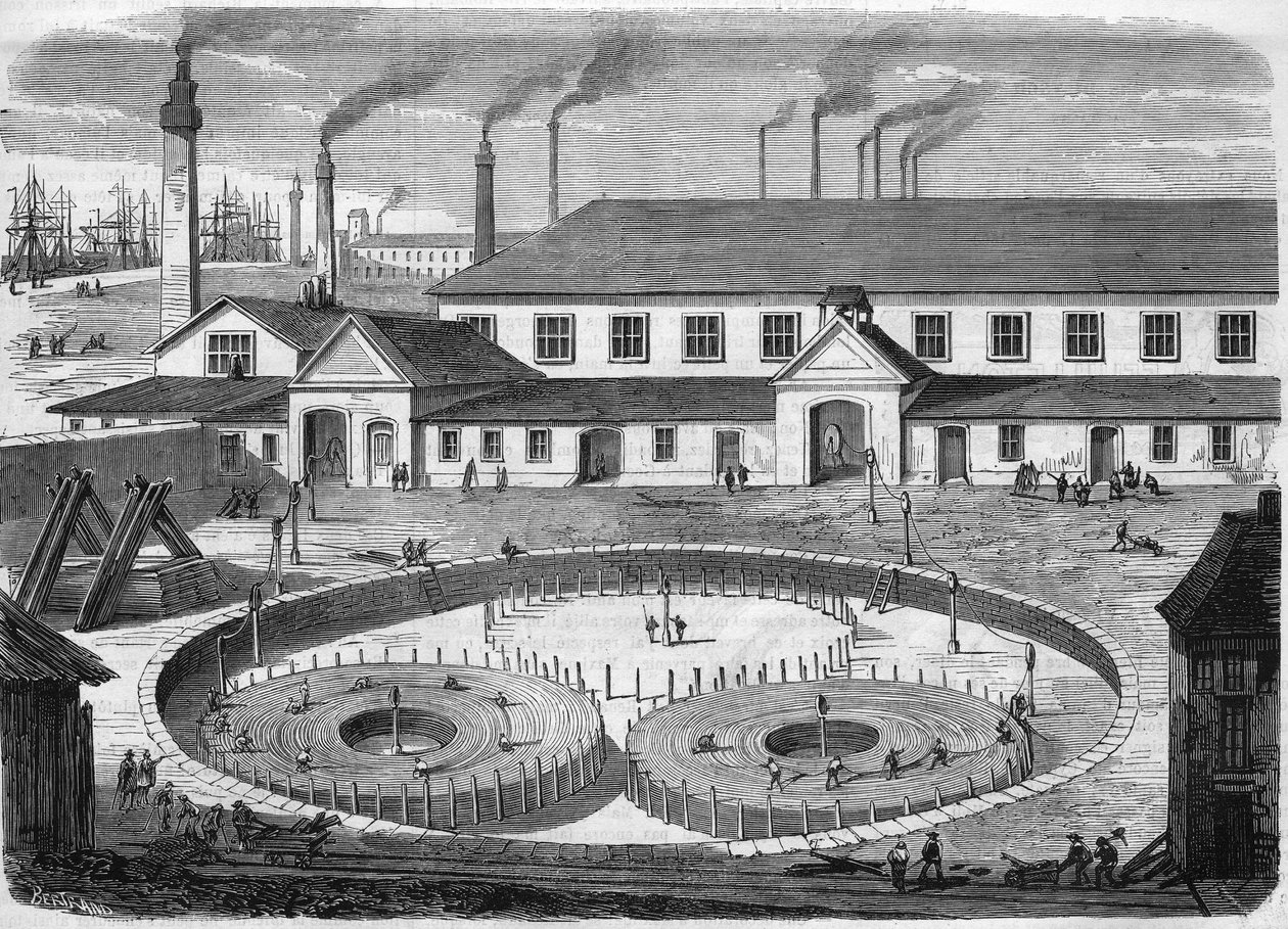 Glas-Eiliot-Elektrokabelfabrik in Greenwich. Wickeln des Kabels in den Becken vor dem Transport auf dem Schiff „Leviathan“. Gravur von 1865 von Unknown artist