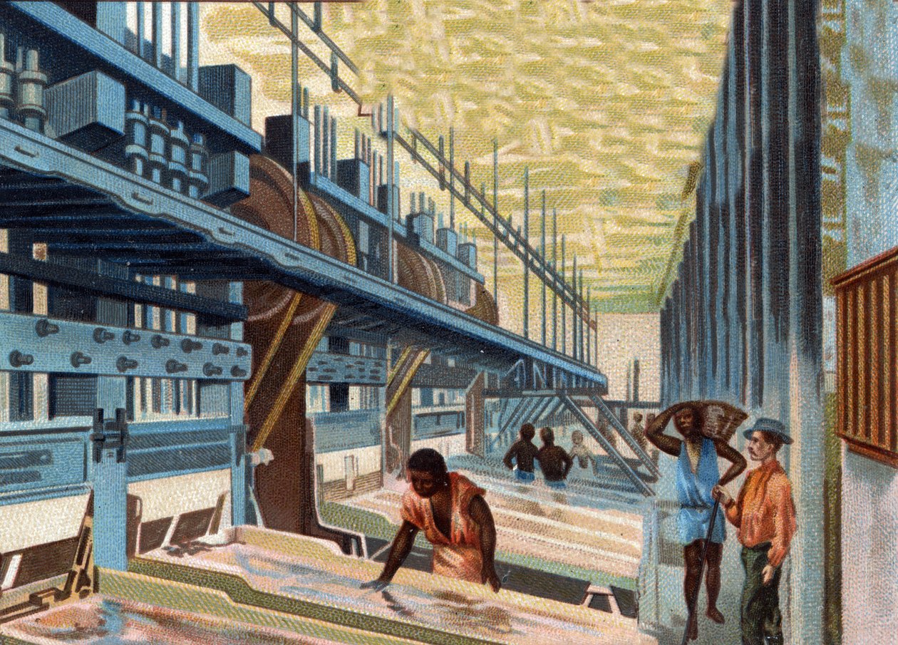 Goldabbau. Das Erz wird im Mörser gewaschen und dann über Kupferplatten geleitet, um das Gold von den anderen Materialien zu trennen. Chromolithographie aus dem späten 19. Jahrhundert. von Unknown artist