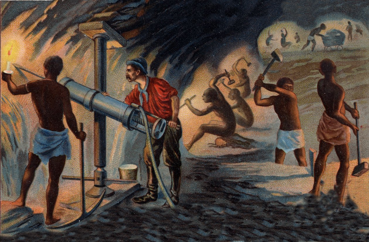 Goldabbau: Innerhalb einer Mine in Transvaal. Bergmann benutzt einen Bohrer, der mit Druckluft betrieben wird. Chromolithographie des späten 19. Jahrhunderts. von Unknown artist