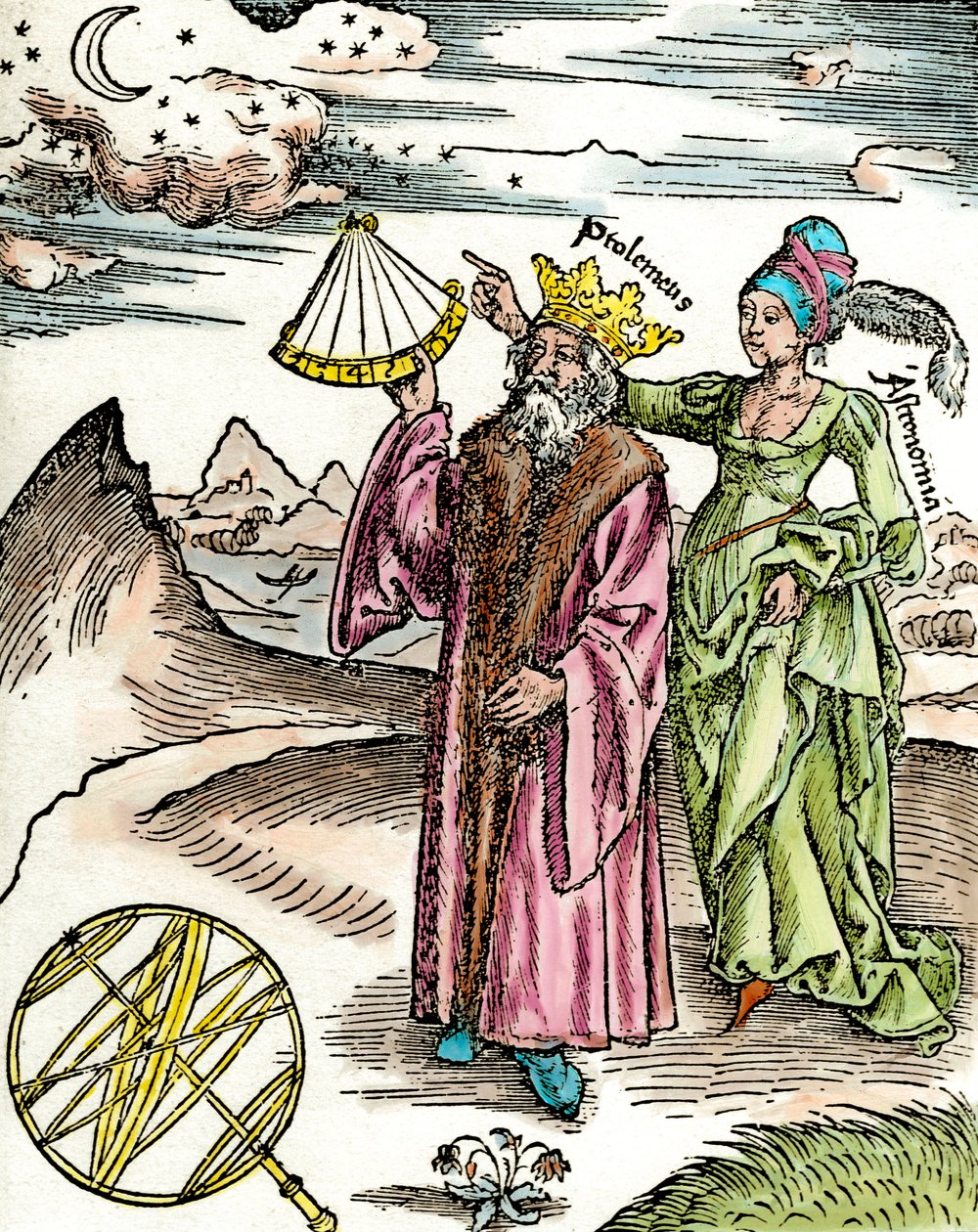 Griechischer Astronom Claudius Ptolemäus mit Sextant und Astronomie. Gravur von 1503 von Unknown artist