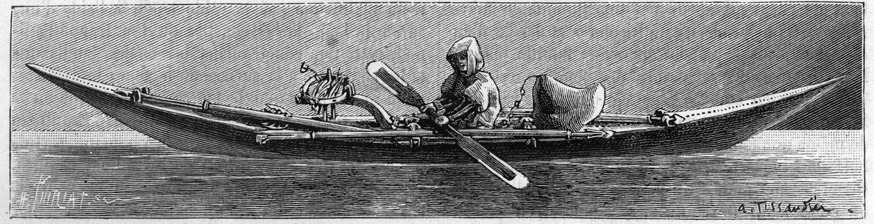 Grönland-Ausstellung in der Geographischen Gesellschaft, Paris: Modell eines Kajaks, hergestellt von Eskimos. Gravur in „La Nature: revue des sciences et de leurs applications aux arts et a l