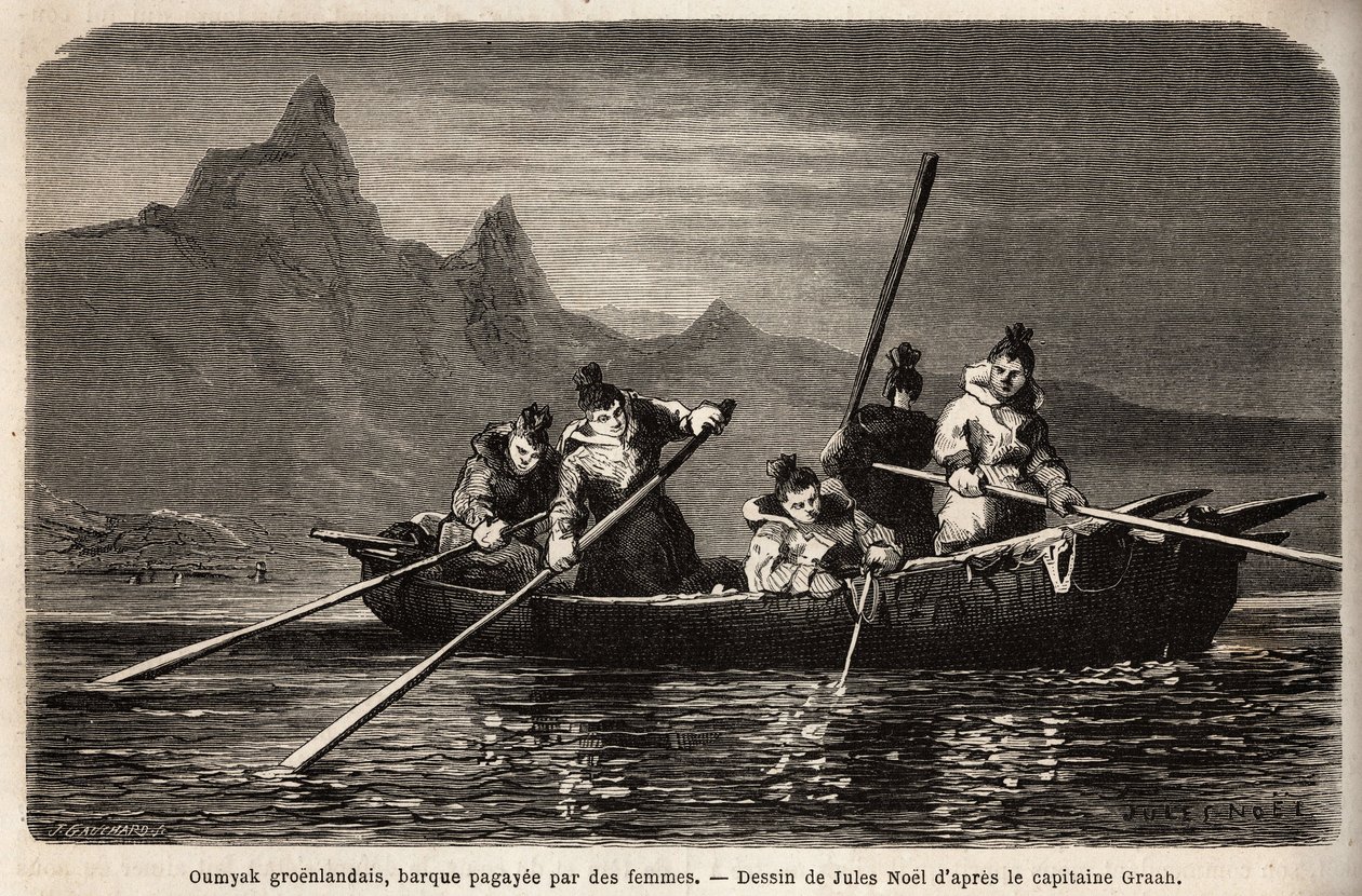 Grönland Umyak, eine Art Boot, das von Frauen betrieben wird. Illustration der Reise zum freien Meer des arktischen Pols, von Doktor Hayes, Chirurg der US-Marine, 1860-1862, veröffentlicht in "Le tour du monde, nouveau journal des voyages", herausgegeben v von Unknown artist