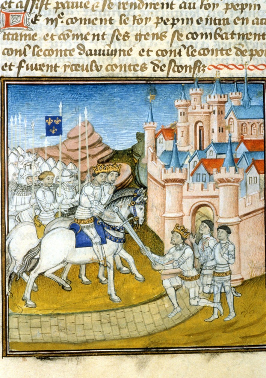 Griffon (Grippon) (ca. 726-753) ging zu seinen Brüdern Pepin III, bekannt als Pepin der Kurze (714-768), und Carloman (ca. 715-754) nach der Belagerung von Laon im Jahr 741. Miniatur in „Grandes Chroniques de Saint-Denis“ von Unknown artist