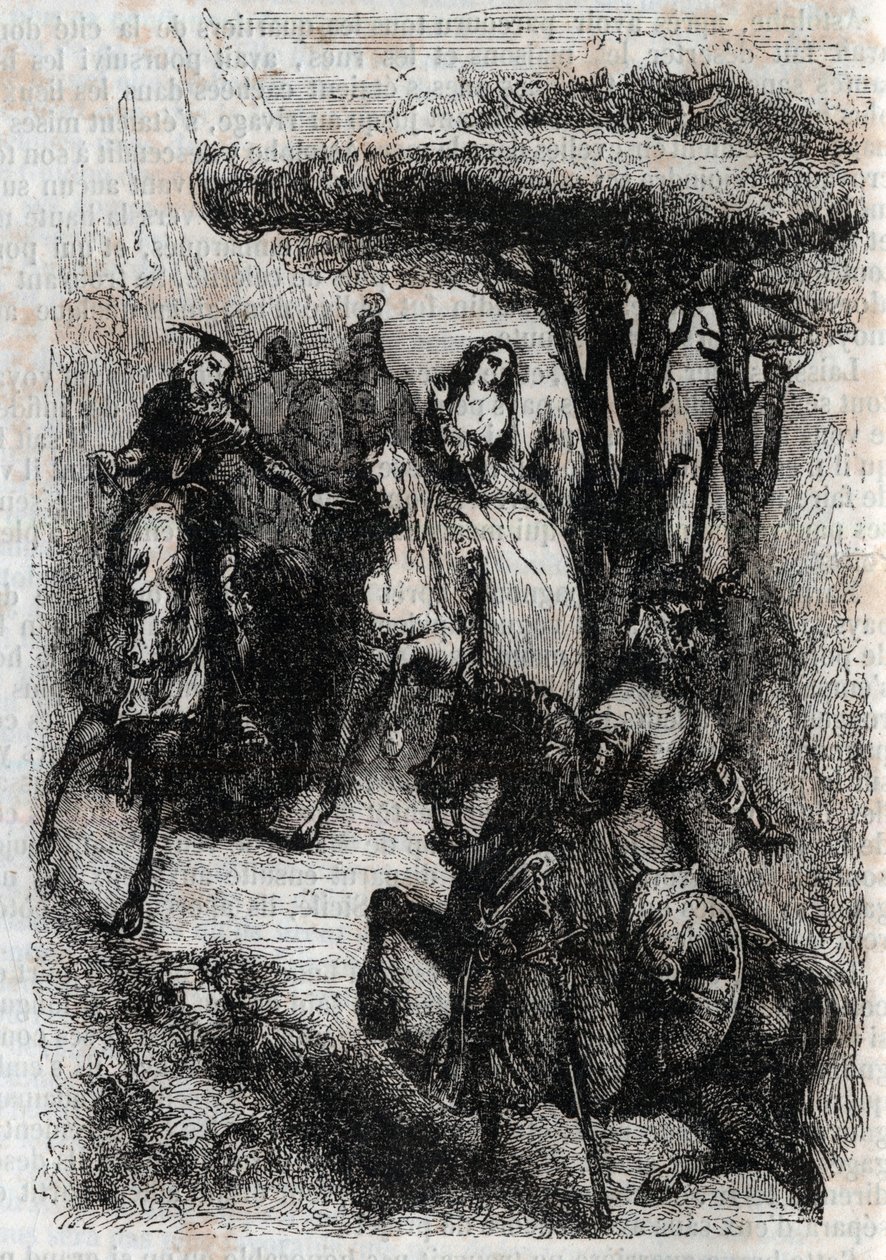 Griffon trifft Origille - Gravur von 1851 aus „Roland der Rasende“ (Orlando furioso) (16. Jahrhundert) von Ludovico Ariosto, bekannt als der Ariosta - Ausgabe, übersetzt aus dem Italienischen von Graf von Tressan und veröffentlicht von Gustave Harvard 1851 von Unknown artist