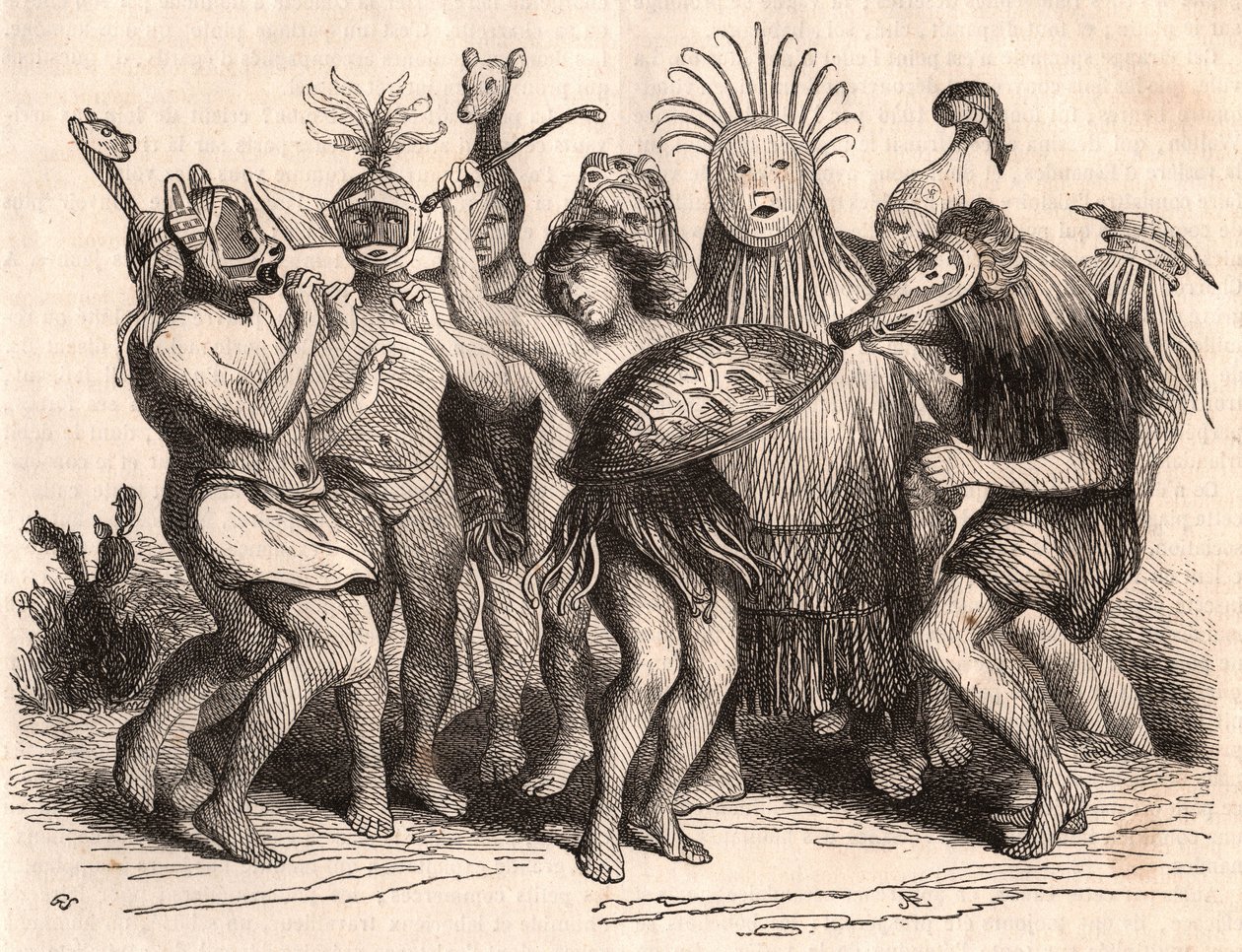 Gruppe brasilianischer Wilder tanzt mit Kostümen, Masken und traditionellen Kopfbedeckungen von Unknown