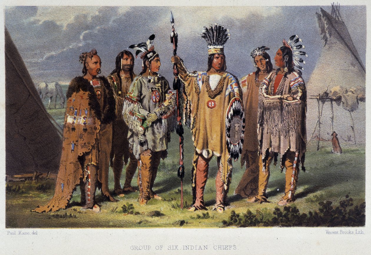 Gruppe von sechs Indianerhäuptlingen - in „Wanderings of an Artist among the Indians of North America“ von Paul Kane, Longmans & Roberts, London von Unknown artist