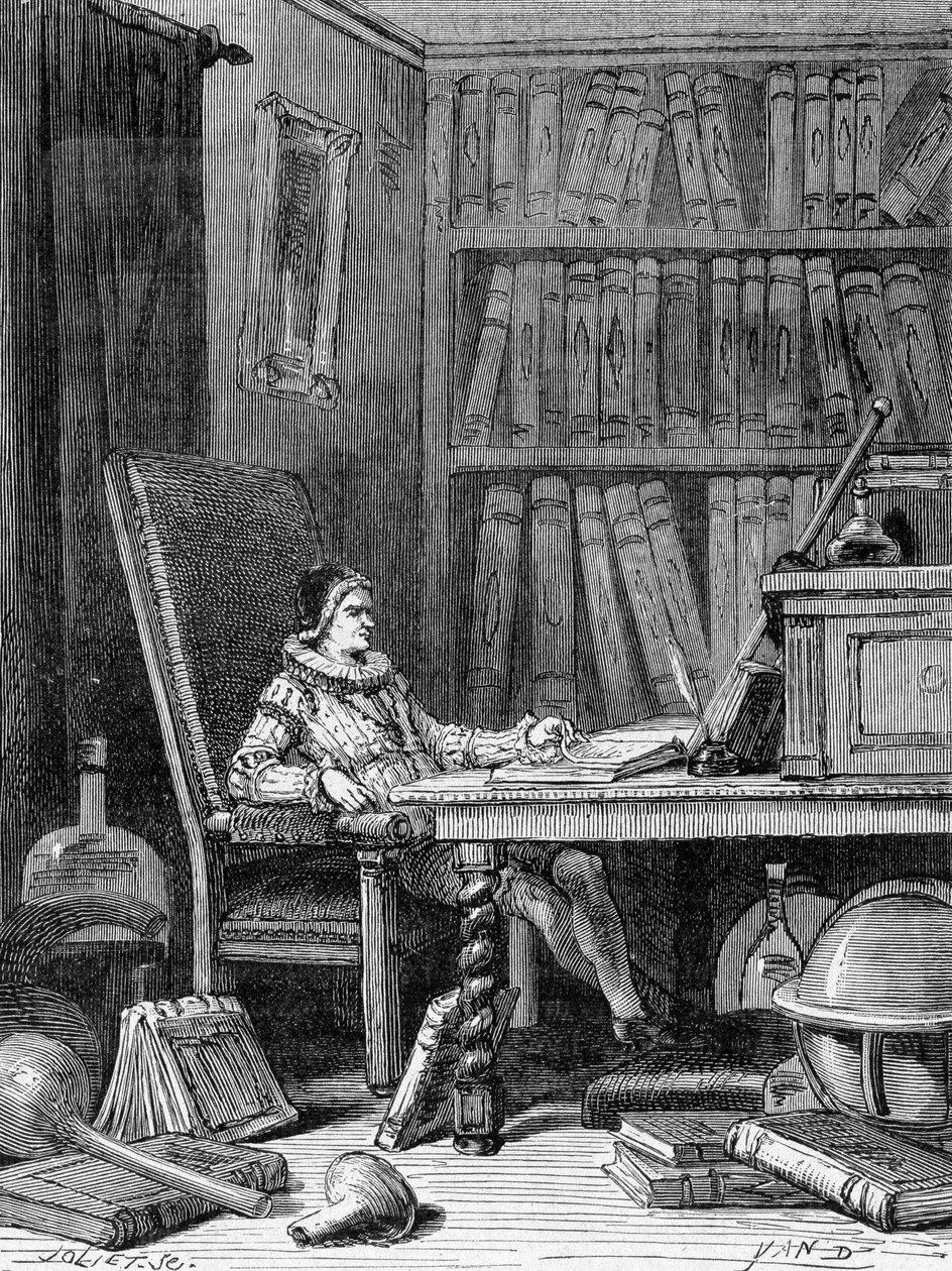 Guillaume Gilbert (1540 - 1603) schreibt um 1600 seine Abhandlung „De arte magnetica“. Gravur 19. Jahrhundert von Unknown artist