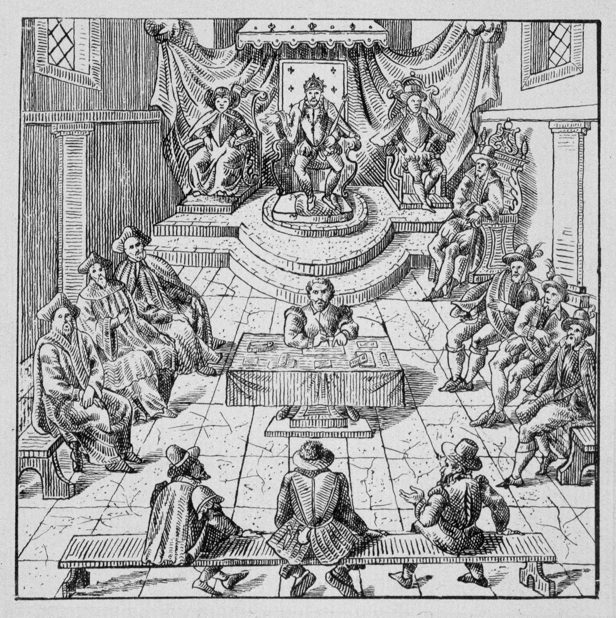 Heinrich III. (1551 - 1589) hält die Generalstände in Blois im Jahr 1576 - in „Sammlung von 39 Figuren, die die Katastrophen Frankreichs von 1562 bis 1586 darstellen“; Louis Perrin Druckerei von Unknown artist