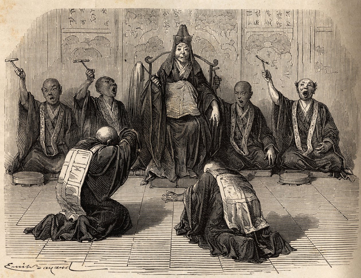 Hoher buddhistischer Priester wird verehrt, umgeben von seinen Jüngern, die das Ritual mit Gong und Zimbeln rhythmisieren. Gravur zur Illustration der Reise nach Japan in den Jahren 1863-1864 von Aime Humbert, Minister der Schweizerischen Eidgenossenschaft von Unknown artist