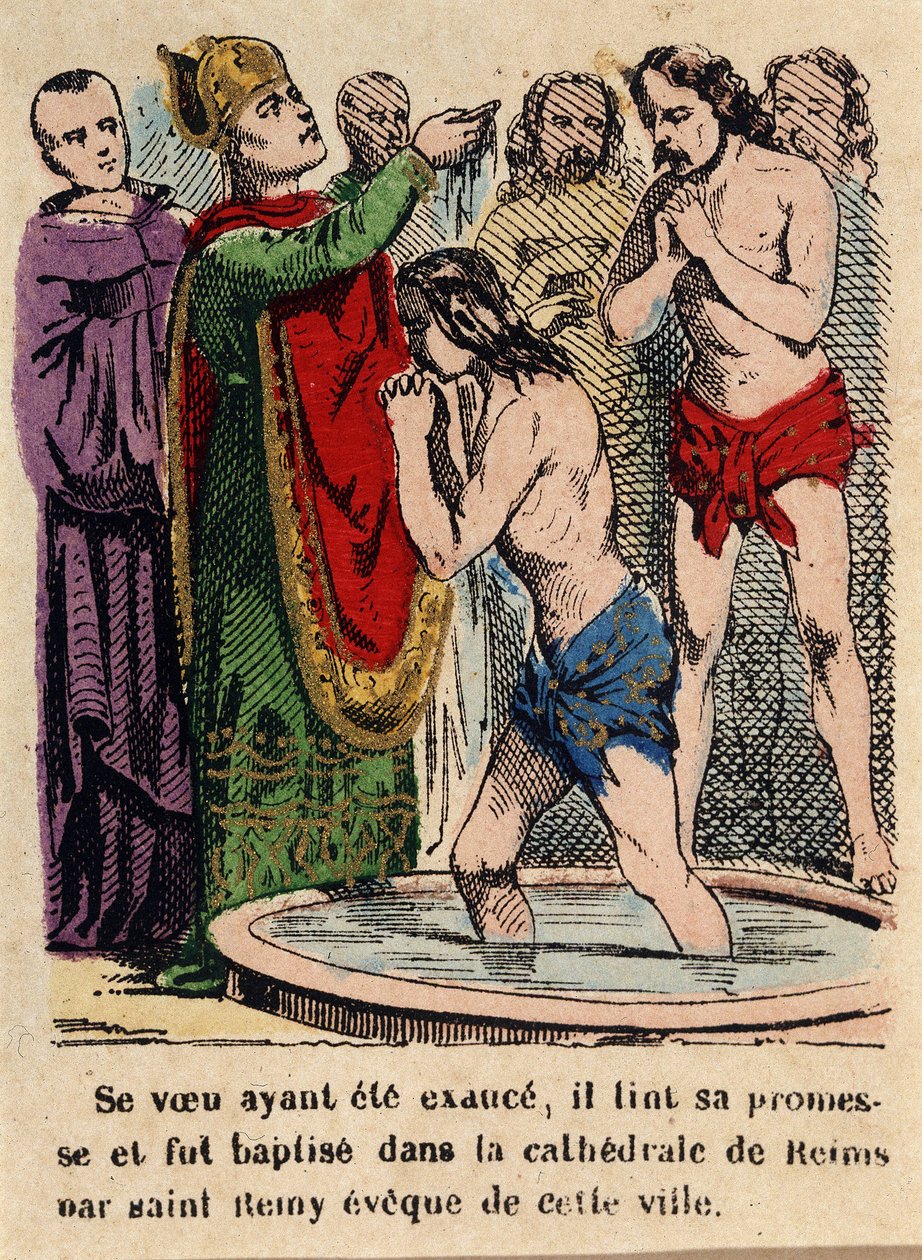 Sein Gelübde war erfüllt, Clovis wurde in der Kathedrale von Reims von Saint Rémi, Bischof der Stadt, getauft von Unknown artist