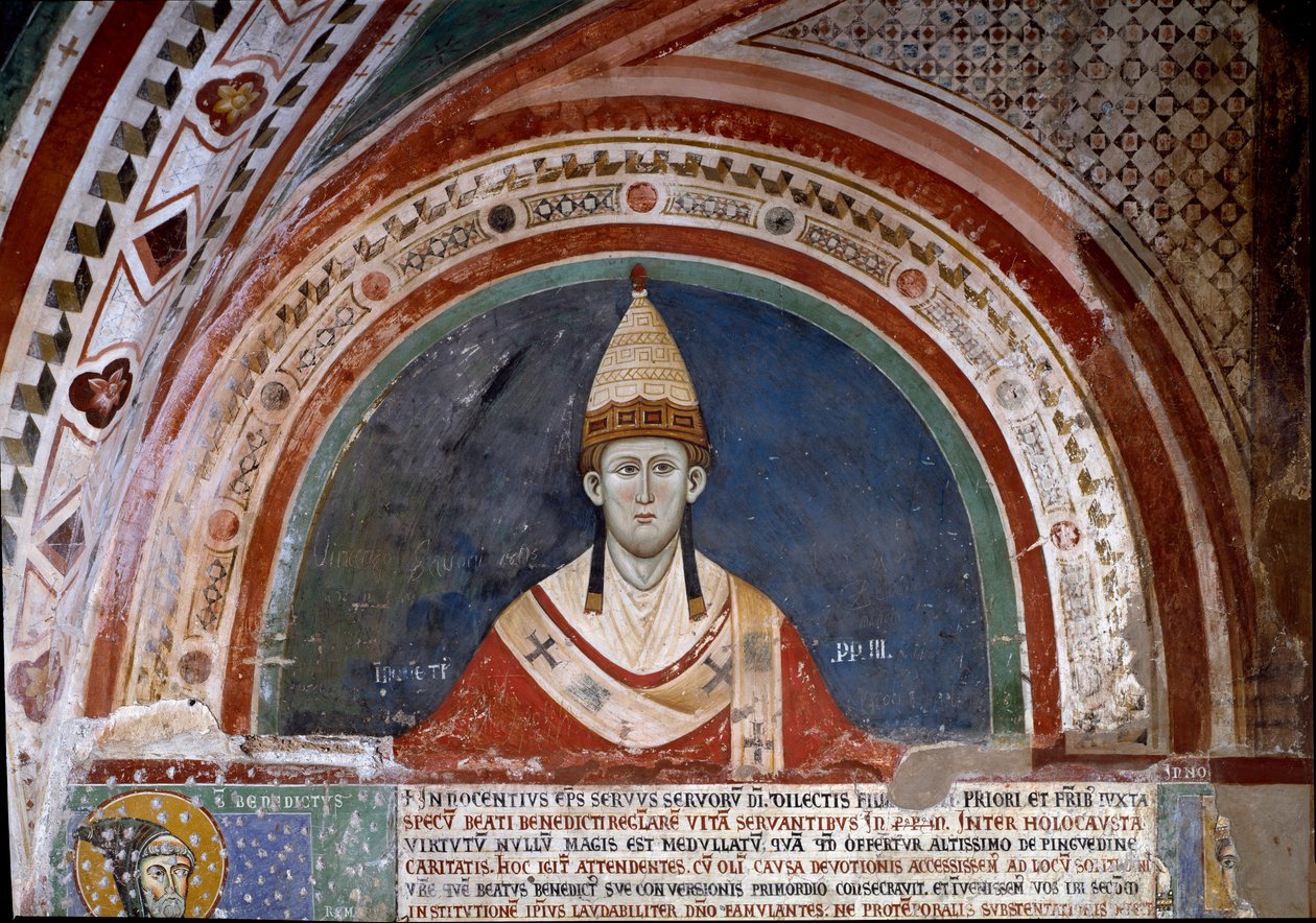 Geschichte von Franz von Assisi: Darstellung von Papst Innozenz III., der die Bulle zeigt, die die Franziskanerregel 1210 bestätigt von Unknown artist