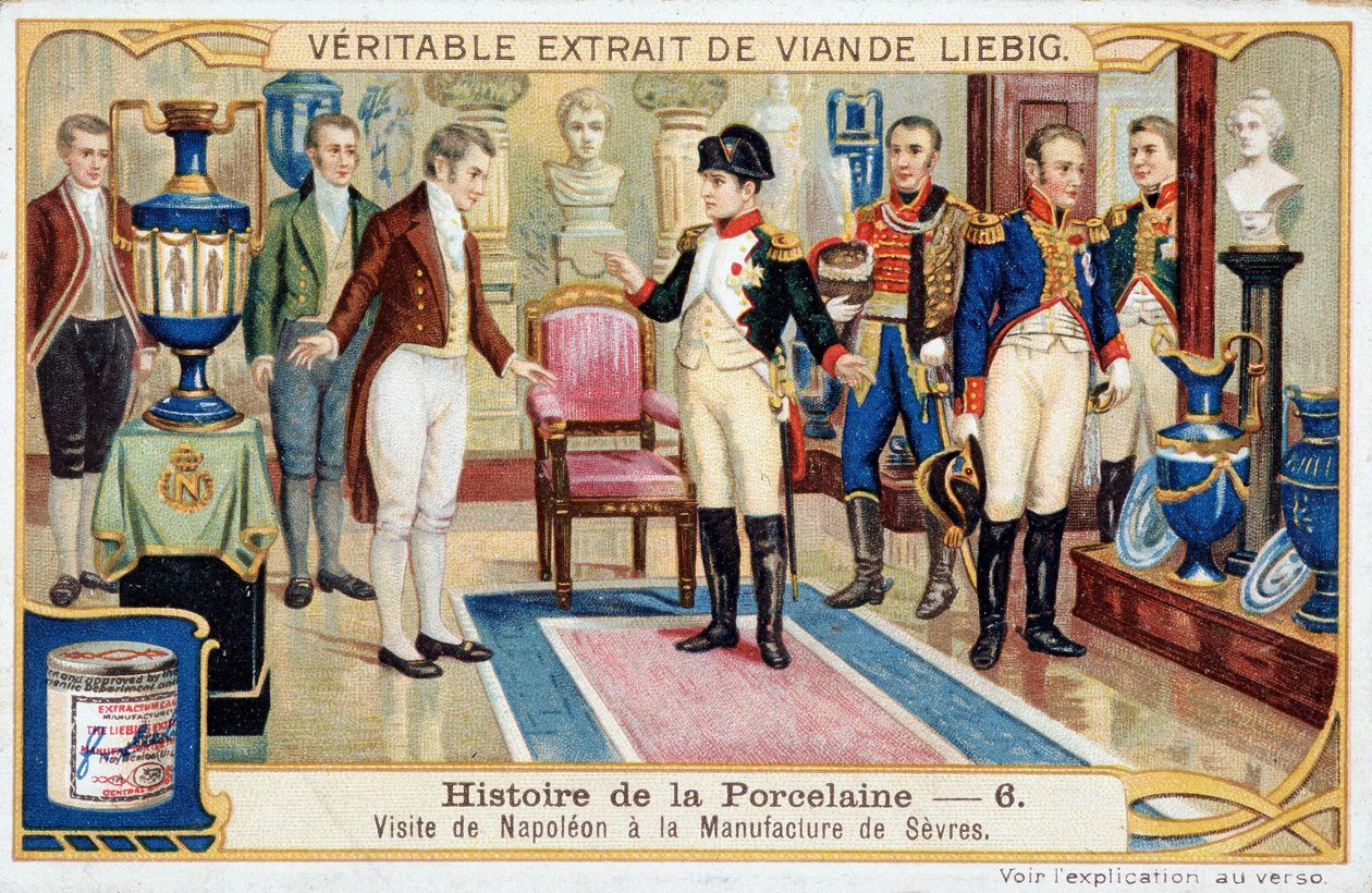 Geschichte des Porzellans: Besuch von Napoleon Bonaparte (1769-1821) in der Manufaktur von Sèvres - Liebig Chromolithographie von Unknown artist