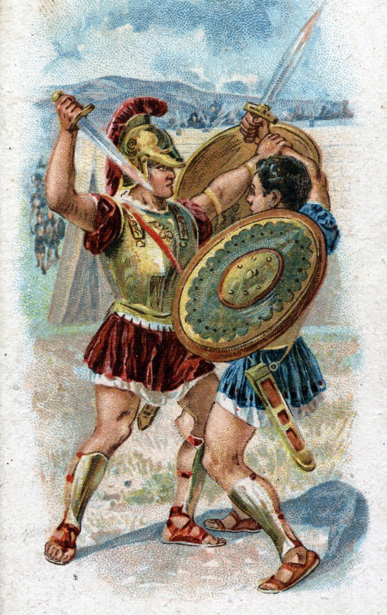 Geschichte des Lebens von Achilles, legendärer Held des Trojanischen Krieges: Achilles kämpft gegen Hector, um den Tod von Patroklos zu rächen. Chromolithographie von 1890. von Unknown artist