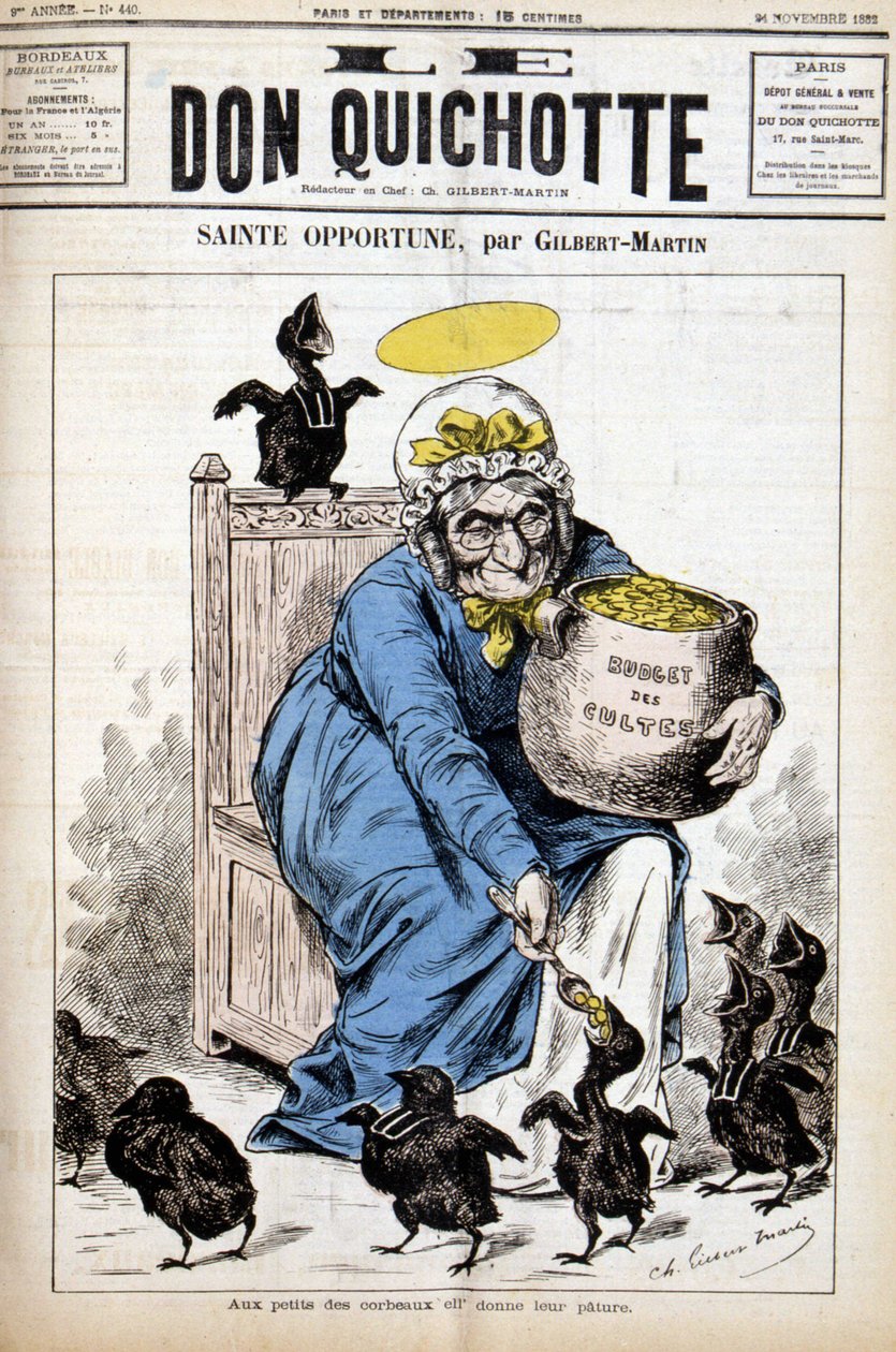 Heilige Opportune und das Budget der Kulte: den kleinen Krähen gibt sie ihre Nahrung - in „Le Don Quixote“ vom 24.11.1882 von Unknown artist