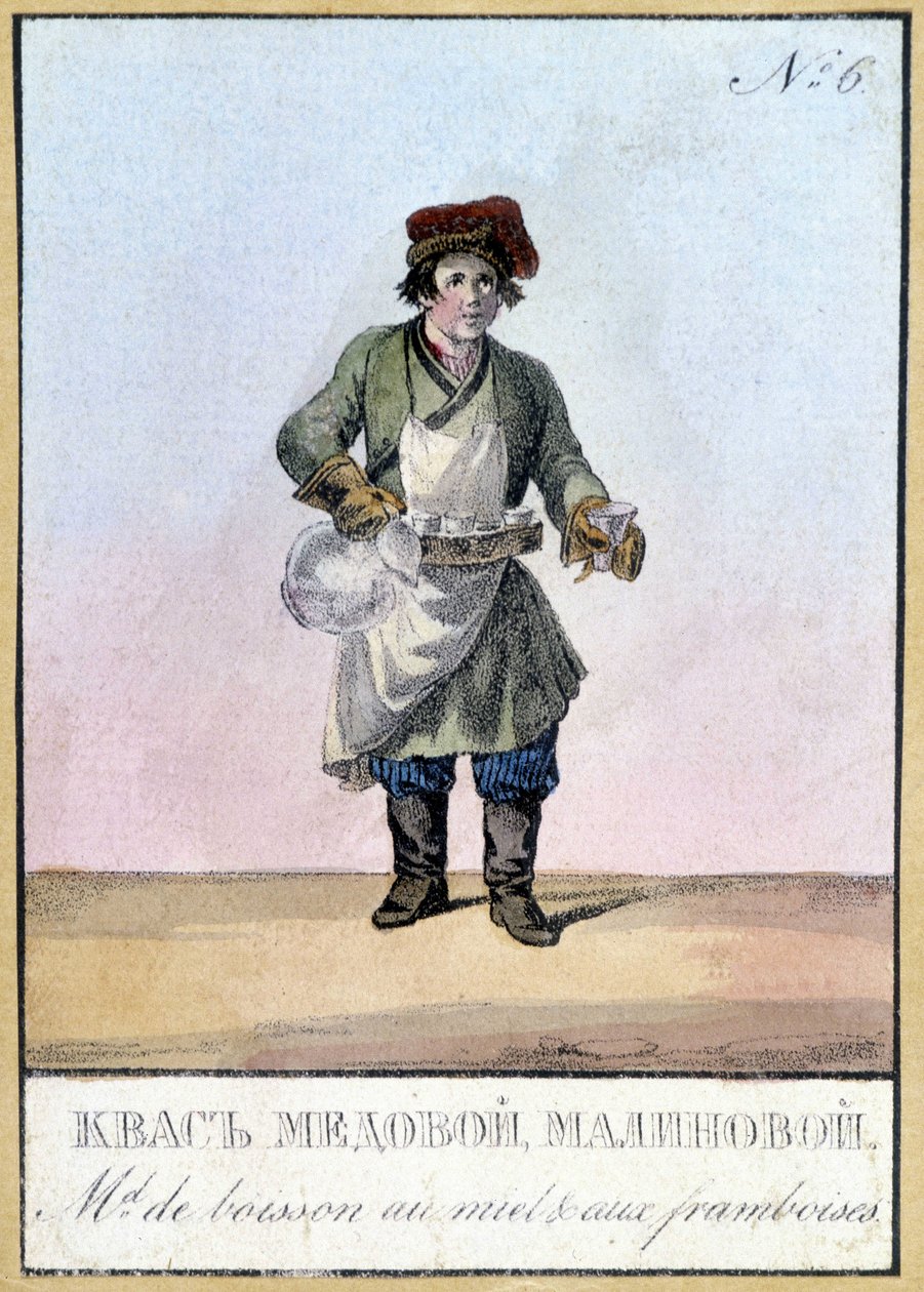 Händler von Honig- und Himbeergetränken in Russland im 19. Jahrhundert. Illustration des 19. Jahrhunderts von Unknown artist