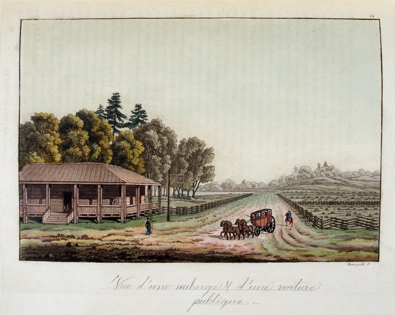 Herberge und Postkutsche in den Vereinigten Staaten - in „Die alte und moderne Tracht“ von Ferrario, ed. Mailand von Unknown artist