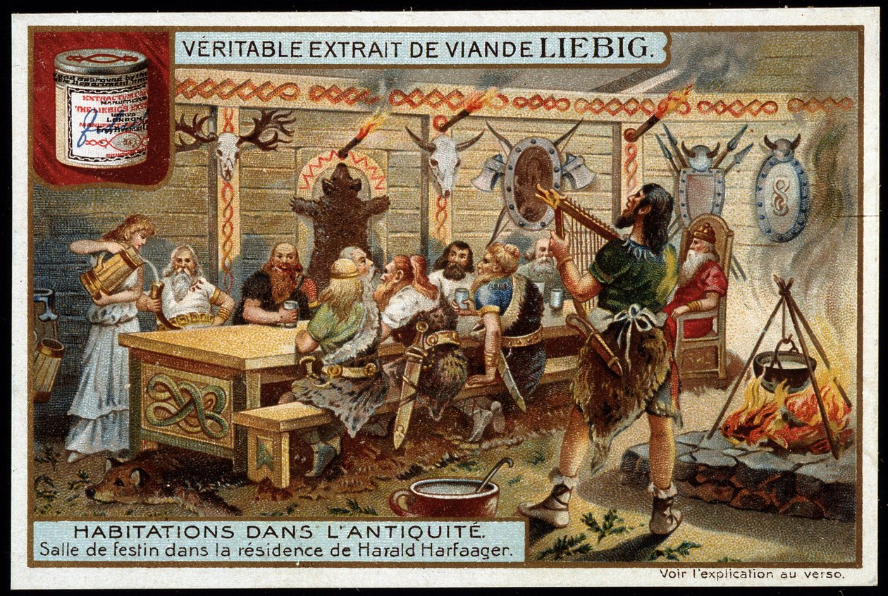 Häuser in der Antike: Festsaal in der Residenz von Harald I. Harfager (850-933) genannt Schönhaar, König von Norwegen - Liebig Chromolithographie von Unknown artist