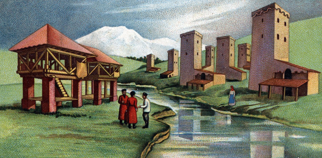 Häuser mit befestigten Türmen, Westkaukasus, Sowjetunion (UdSSR), 1930er Jahre von Unknown Artist