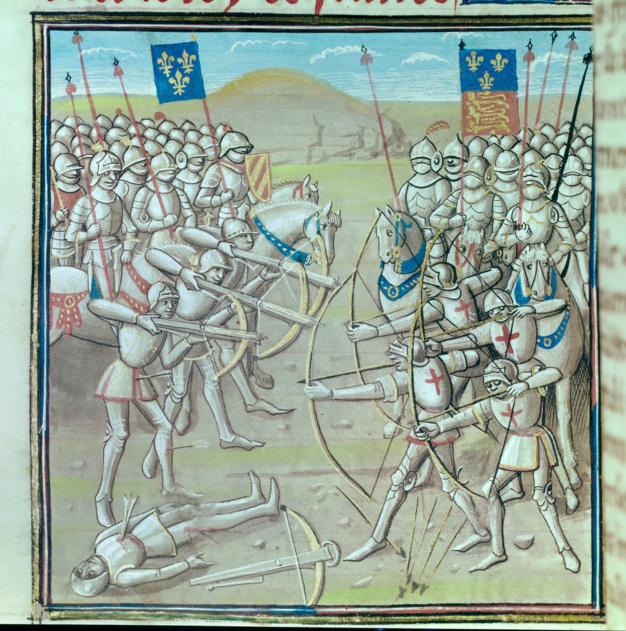 Hundertjähriger Krieg: die Schlacht von Crécy am 26.08.1346 zwischen den Franzosen und den Engländern. Miniatur aus einem Manuskript des 14. Jahrhunderts von Unknown artist