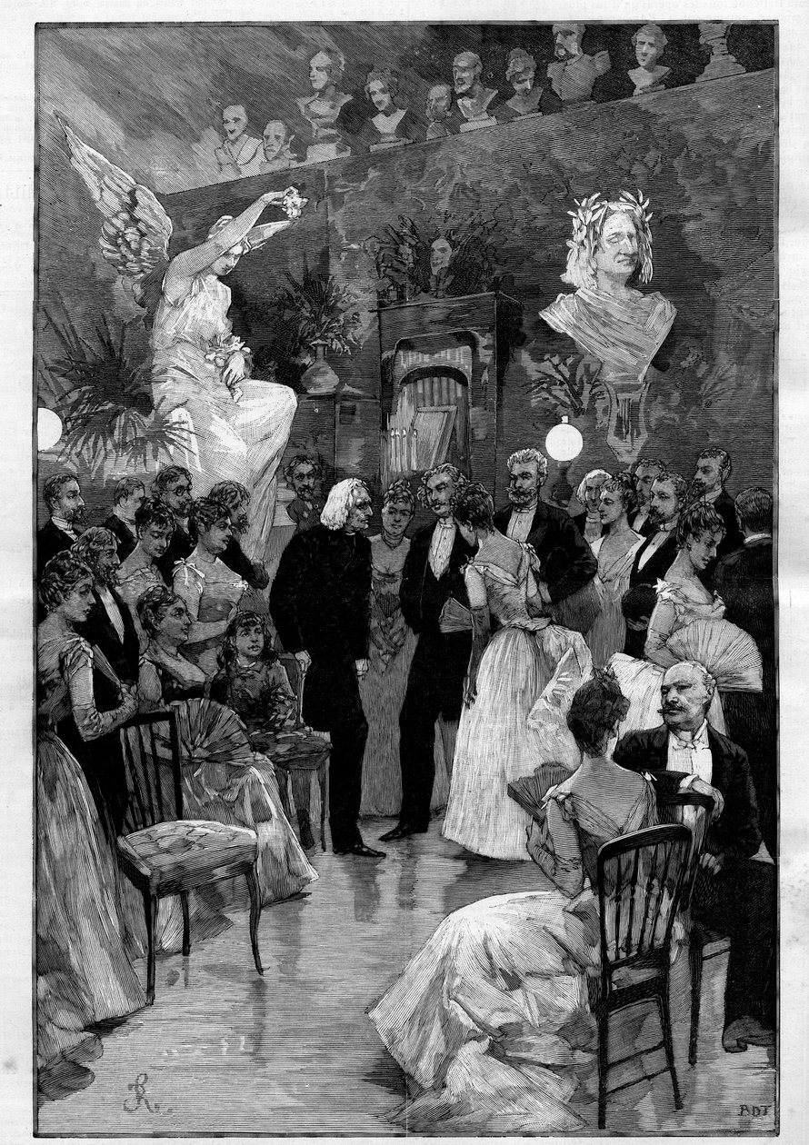 Der ungarische Komponist und Pianist Franz Liszt (1811-1886) in Paris während einer Feier zu seinen Ehren im Atelier des Bildhauers Cyprian Godebski (1835-1909). Gravur in „Le Monde illustré“ von Unknown artist