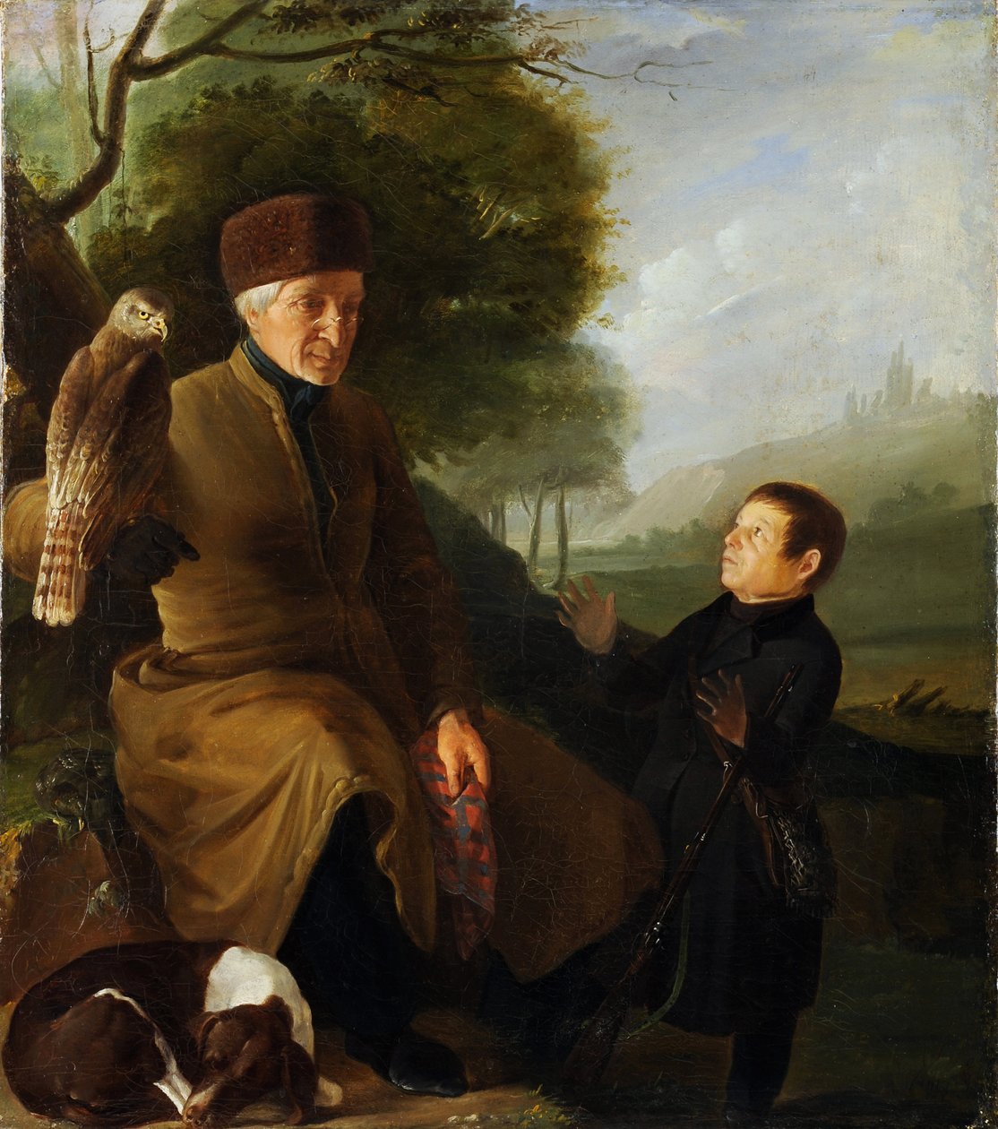Jäger mit Falke. Porträt von Prinz Platon Alexandrowitsch Zubow und Iwan Andrejewitsch Jakubowski von Unknown artist