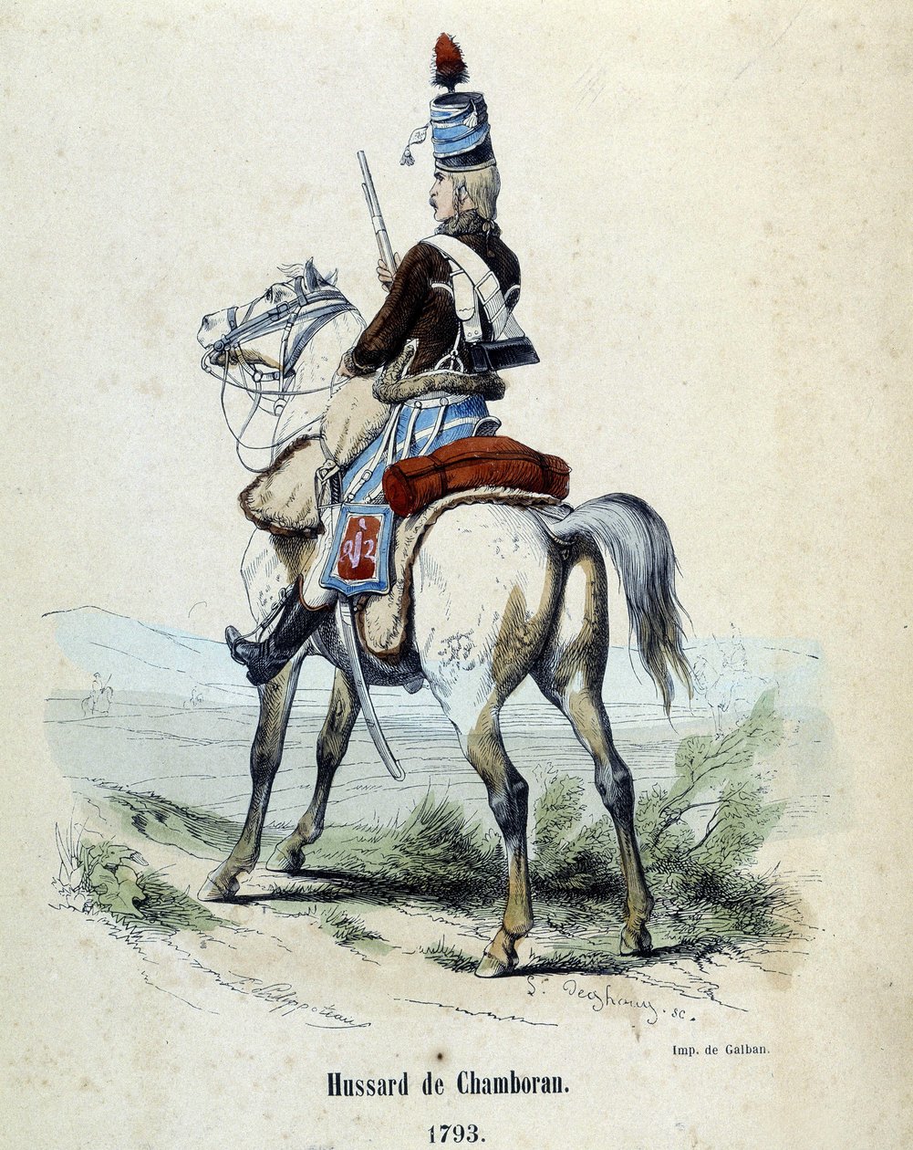 Husar von Chamboran im Jahr 1793 zu Pferd. von Unknown artist