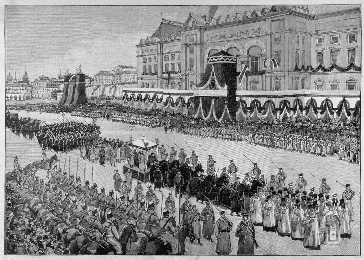 Illustration der Beerdigung von Zar Alexander III im Jahr 1894. „The Illustrated World“ von Unknown artist