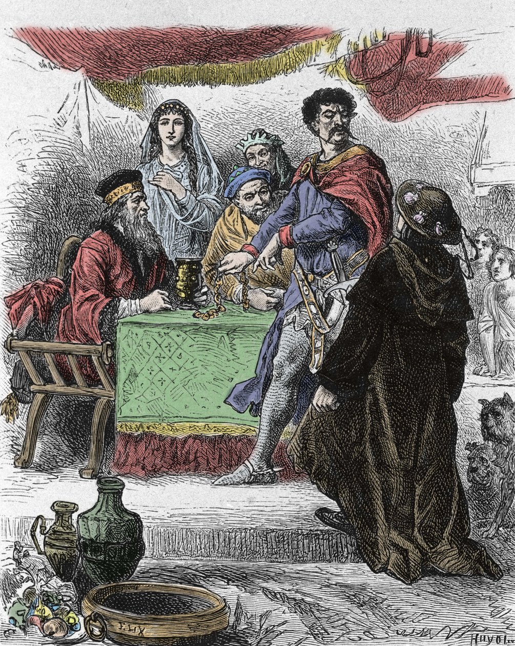 Illustration für „Ivanhoe“ von Walter Scott (1771-1832), schottischer Schriftsteller: Ivanhoe wird vom sächsischen Ritter Brian de Bois Guilbert herausgefordert. von Unknown artist