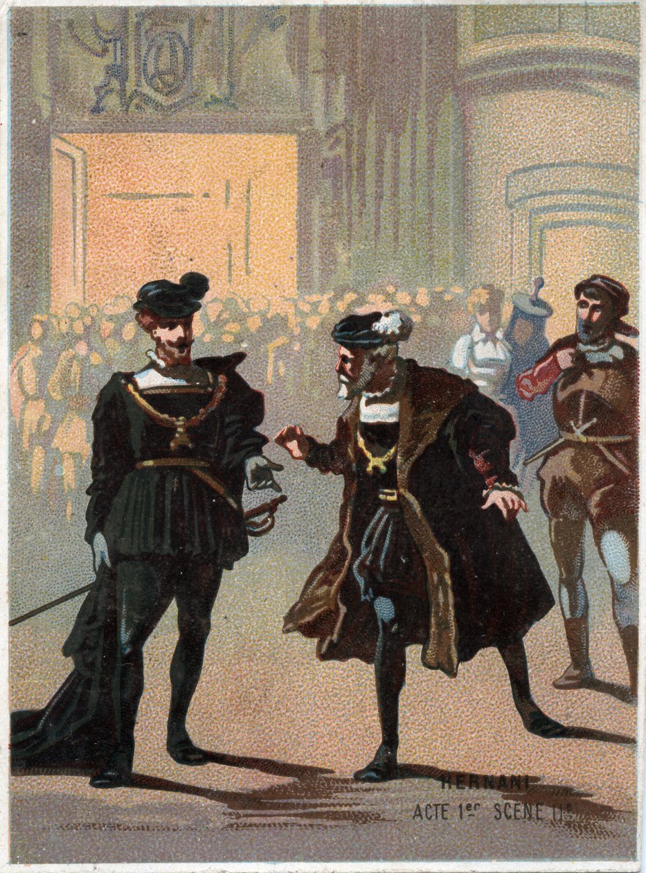 Illustration von „Ernani“ des italienischen Komponisten Giuseppe Verdi (1813-1901), Akt 1, Szene II, Oper, die 1844 nach der Tragödie „Hernani“ von Victor Hugo geschaffen wurde. Chromolithographie aus dem späten 19. Jahrhundert. von Unknown artist