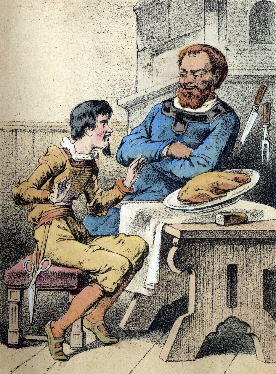 Illustration von Franz Hoffmanns Märchen „Märchen und Fabeln - Der fröhliche kleine Schneider“. Chromolithographie des 19. Jahrhunderts. von Unknown artist