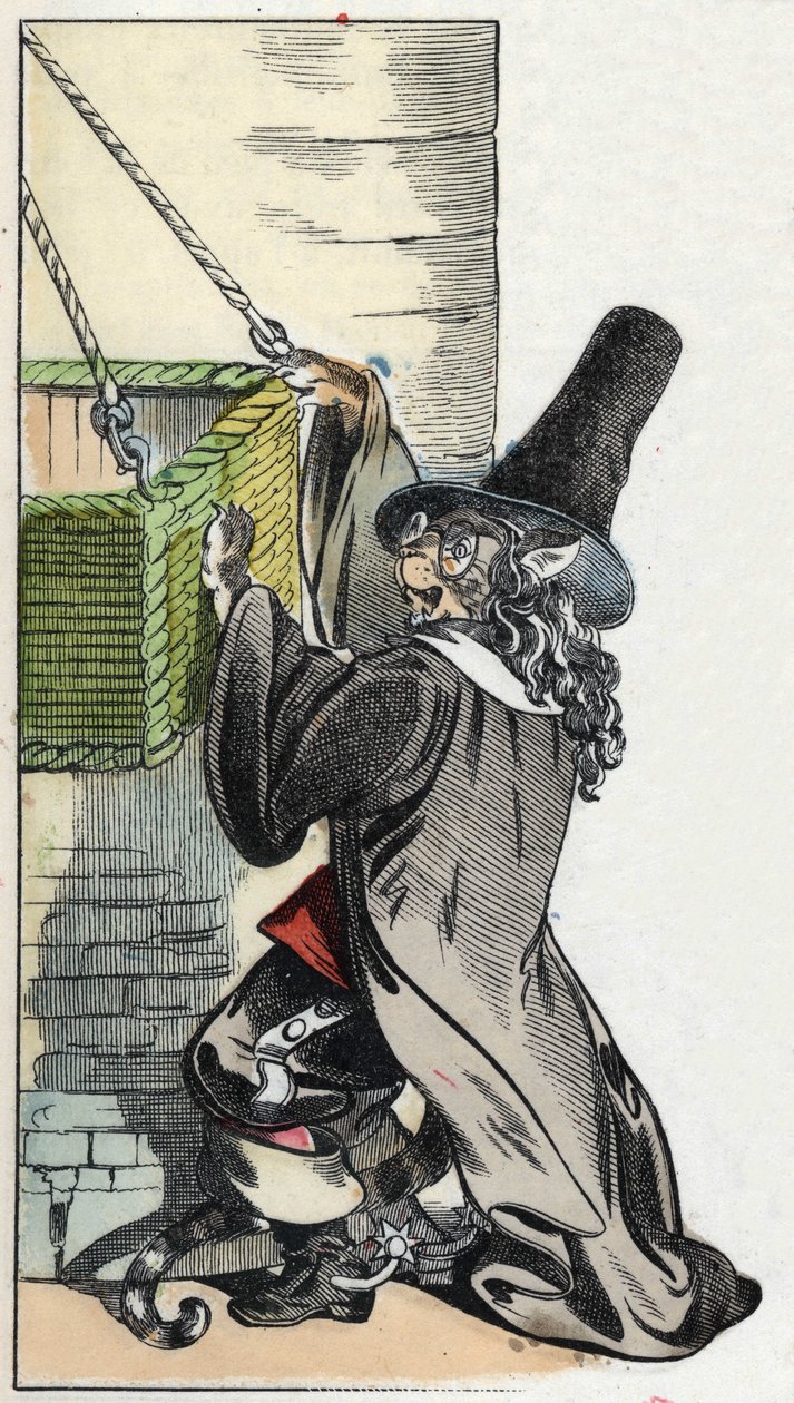 Illustration des Märchens „Der schreckliche Raminagrobis und die Mäuse“. Charakterzeichnungen von Fabeln von Jean de la Fontaine. In „Märchen aus dem Heim für die Kleinen“. Anonyme Gravur des 19. Jahrhunderts. von Unknown artist