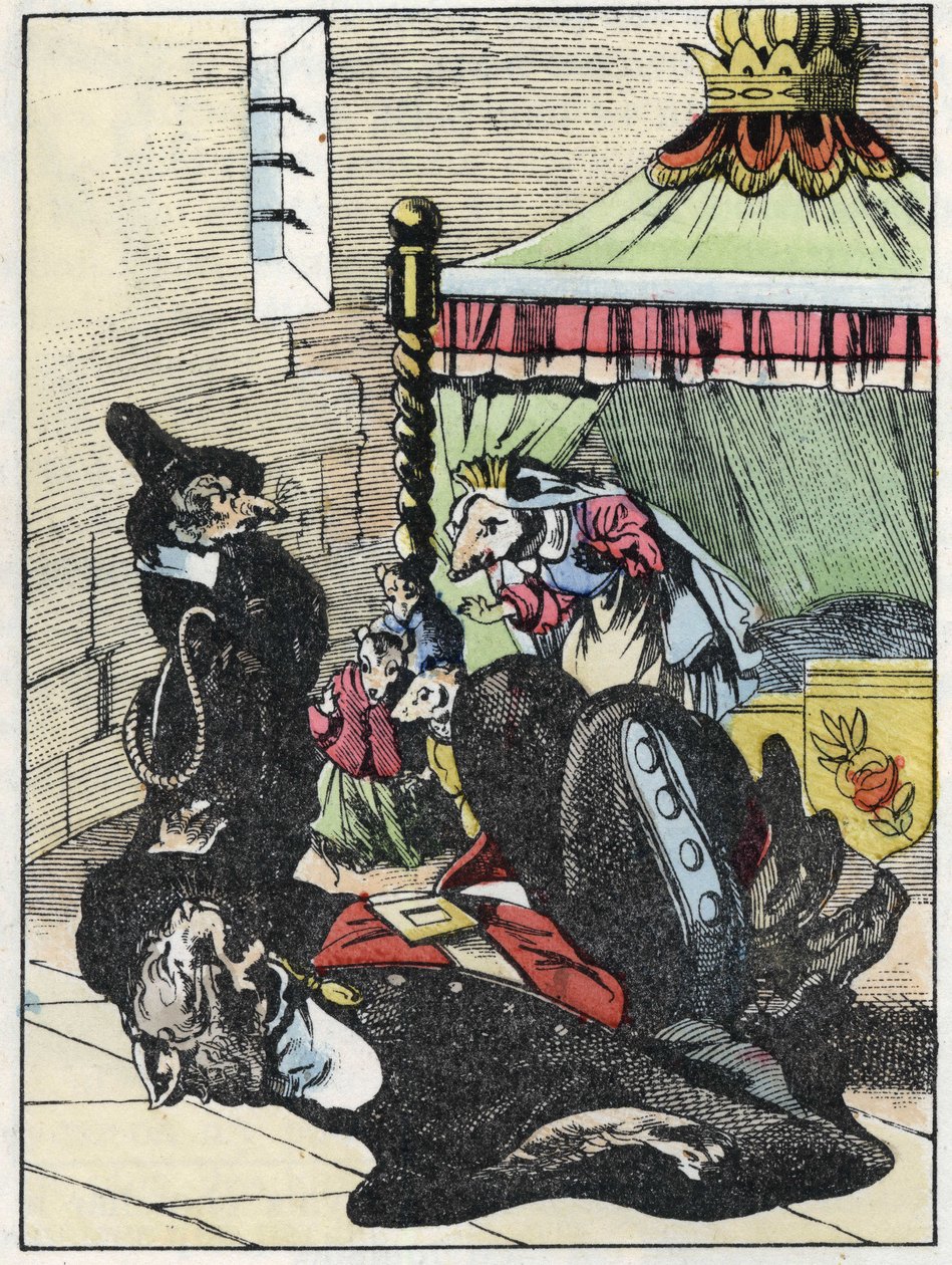 Illustration des Märchens „Der schreckliche Raminagrobis und die Mäuse“ nach einer Fabel von Jean de La Fontaine. In „Märchen aus dem Heim für die Kleinen“. Anonyme Gravur aus dem 19. Jahrhundert von Unknown artist